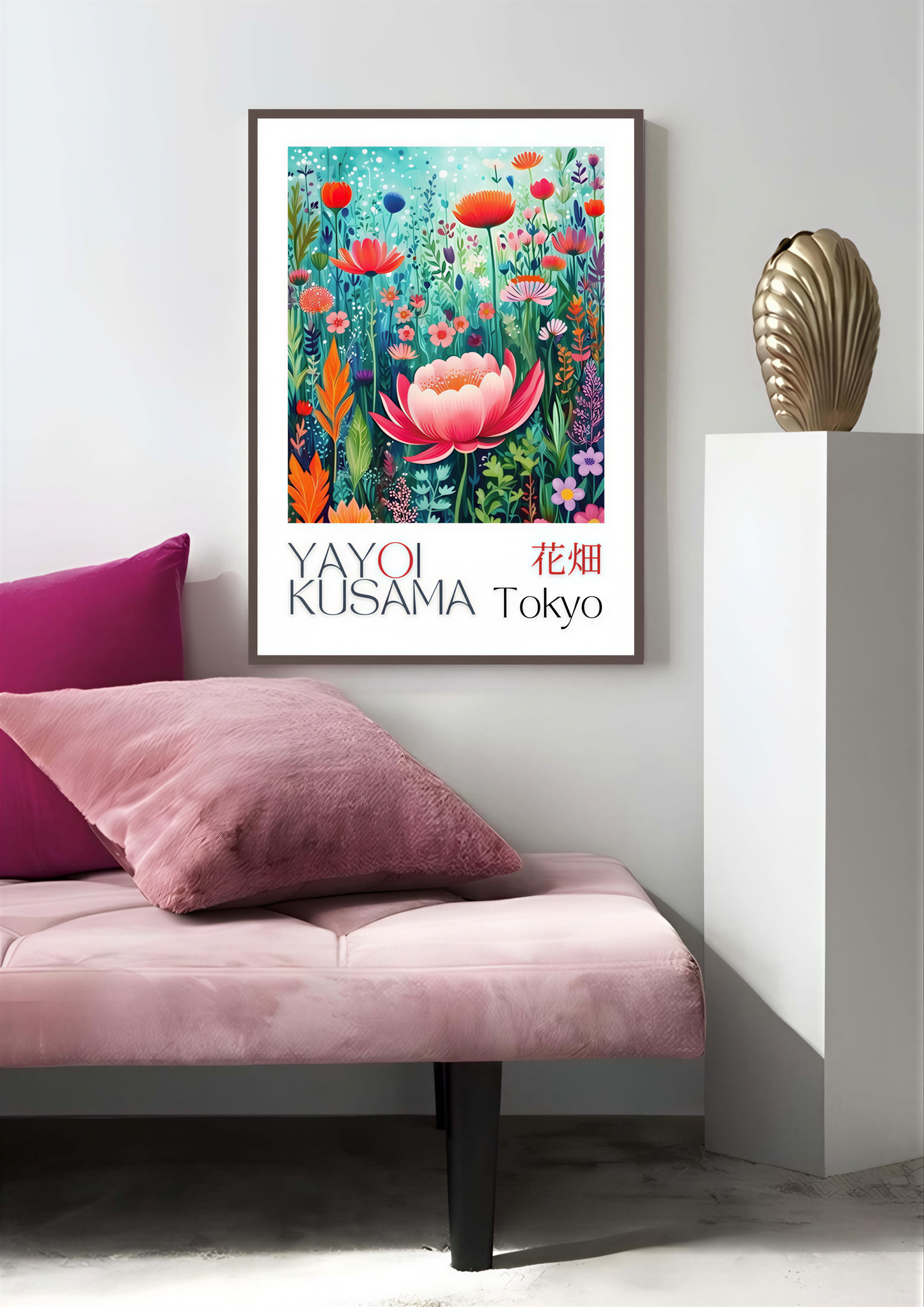Yayoi Kusama Ar vibrant wildflower print displayed on a stylish wall with modern decor and elegant cushions.