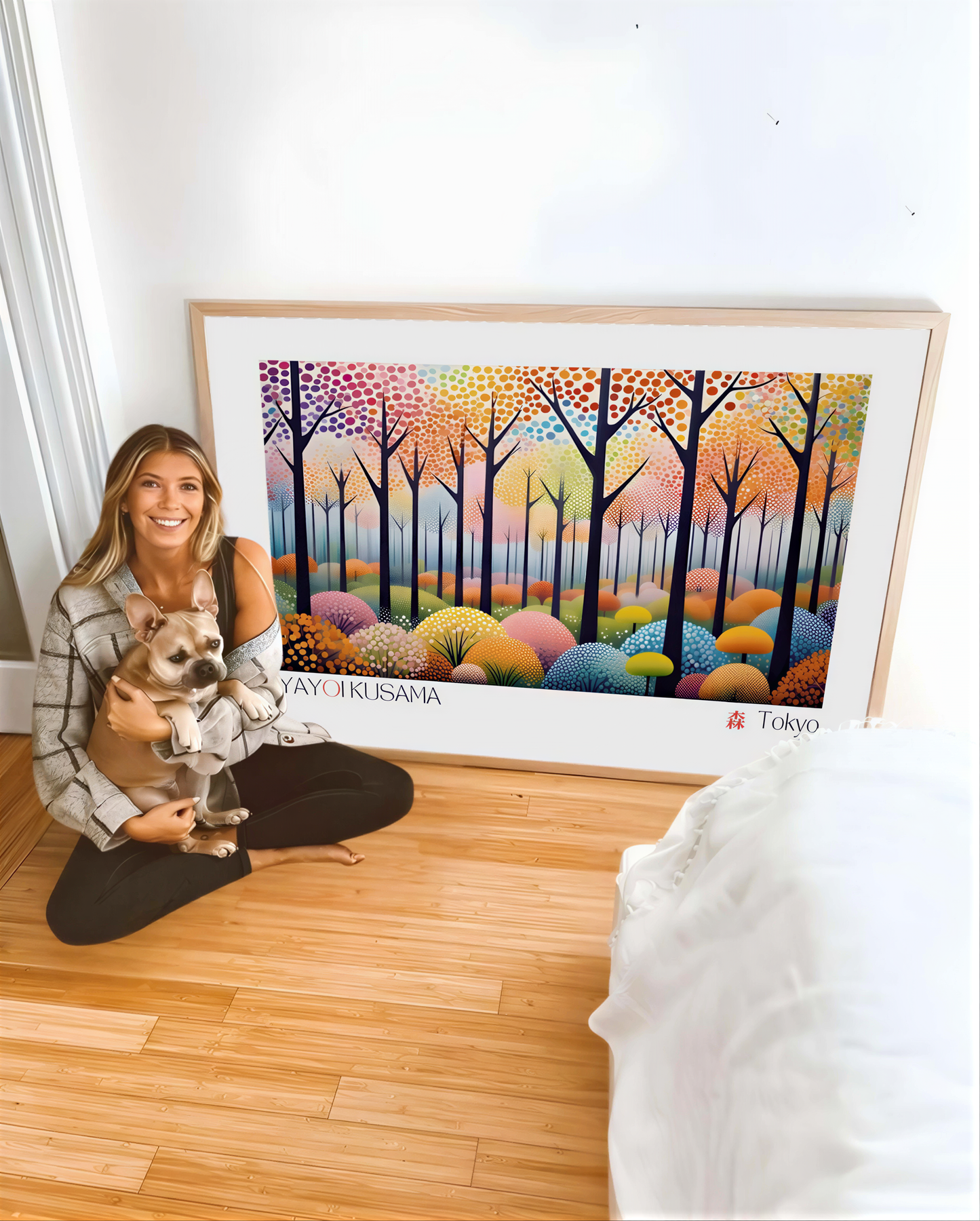 Woman holding a dog next to Yayoi Kusama Art framed print showcasing colorful trees and polka dots.