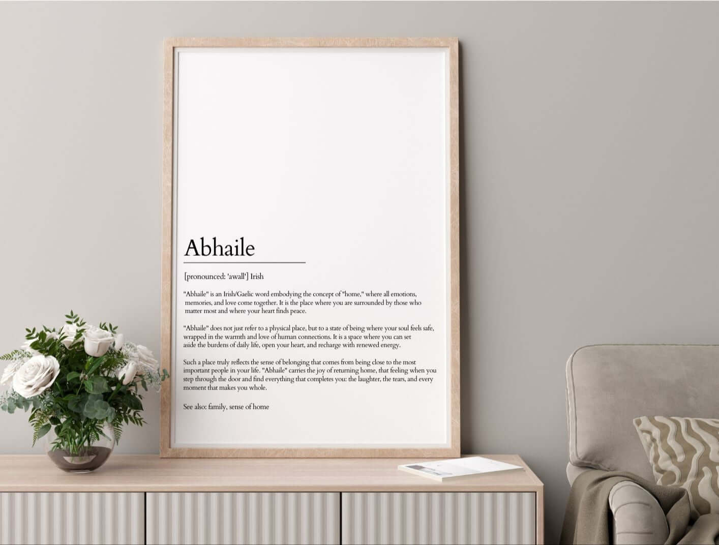 Abhaile Irish Word for Home Printable Wall Art on display, framed with minimalist design, emphasizing warmth and Irish heritage.