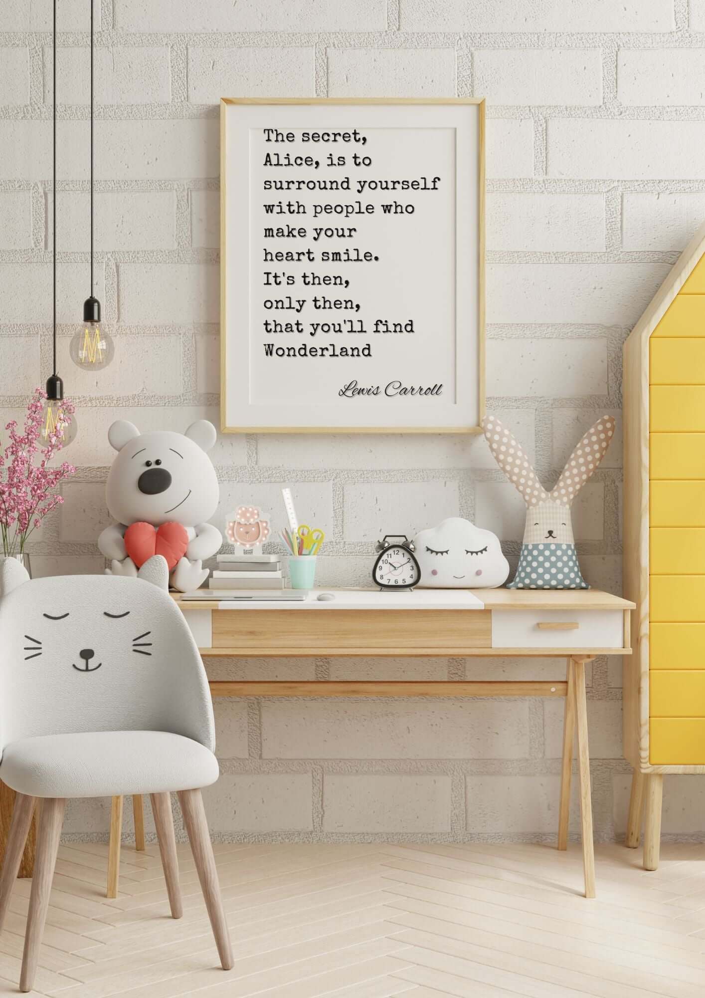 Alice in Wonderland Quote Printable Wall Art featuring Lewis Carroll's inspirational typography in a cozy room setup.