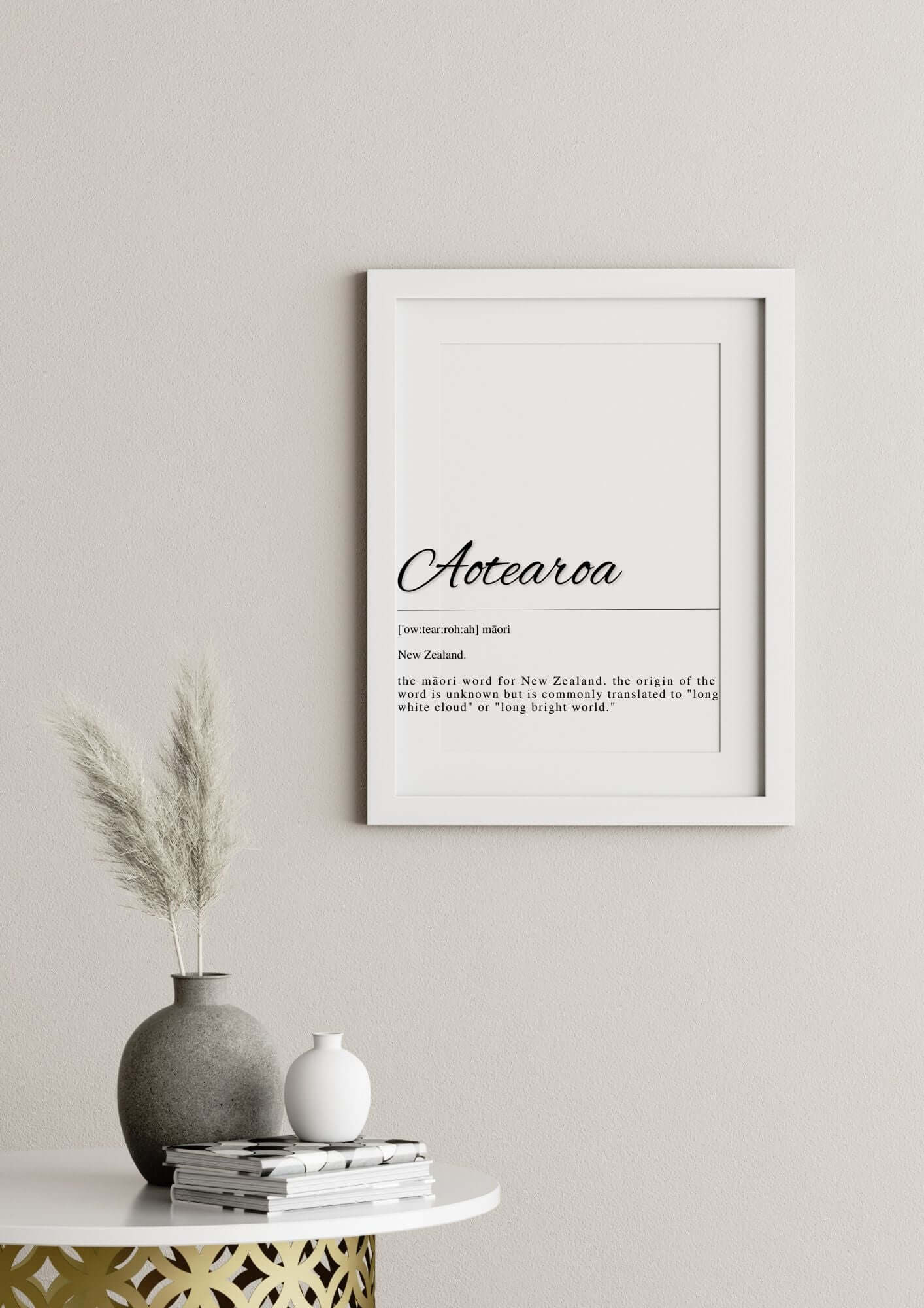 Aotearoa Māori Definition Printable Wall Art in frame, minimalist design of New Zealand's Māori heritage on decorative wall.