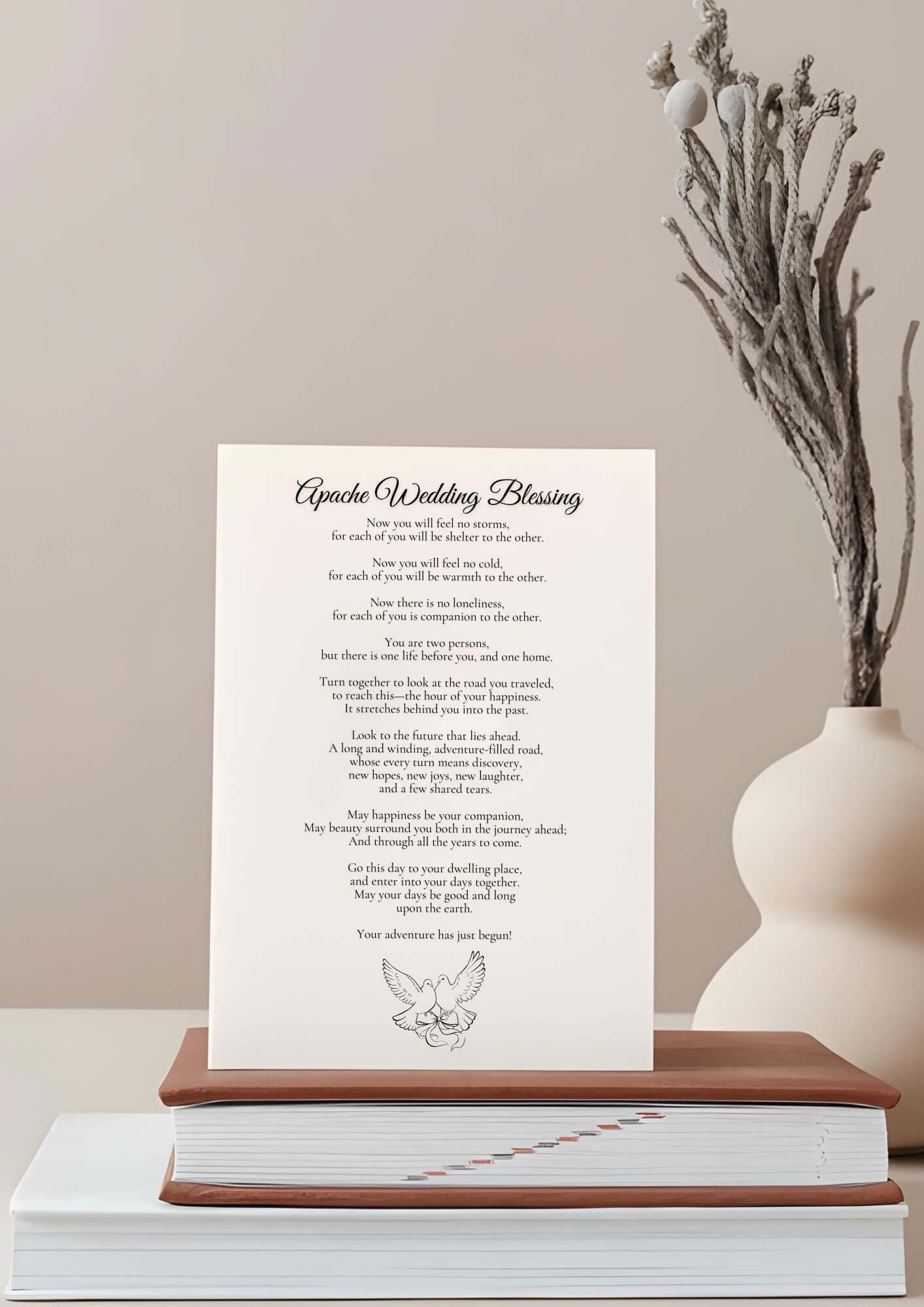Apache Wedding Blessing Love Poem displayed on a card, surrounded by a minimalistic decor.