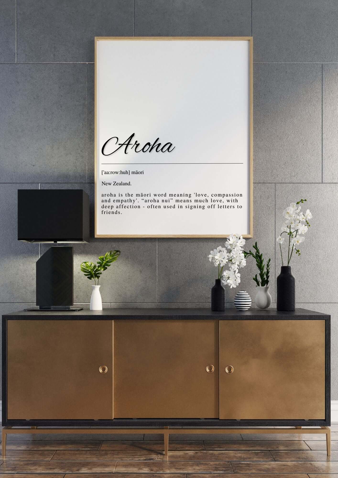 Stylish interior with Aroha Māori Definition Printable Wall Art above cabinet.
