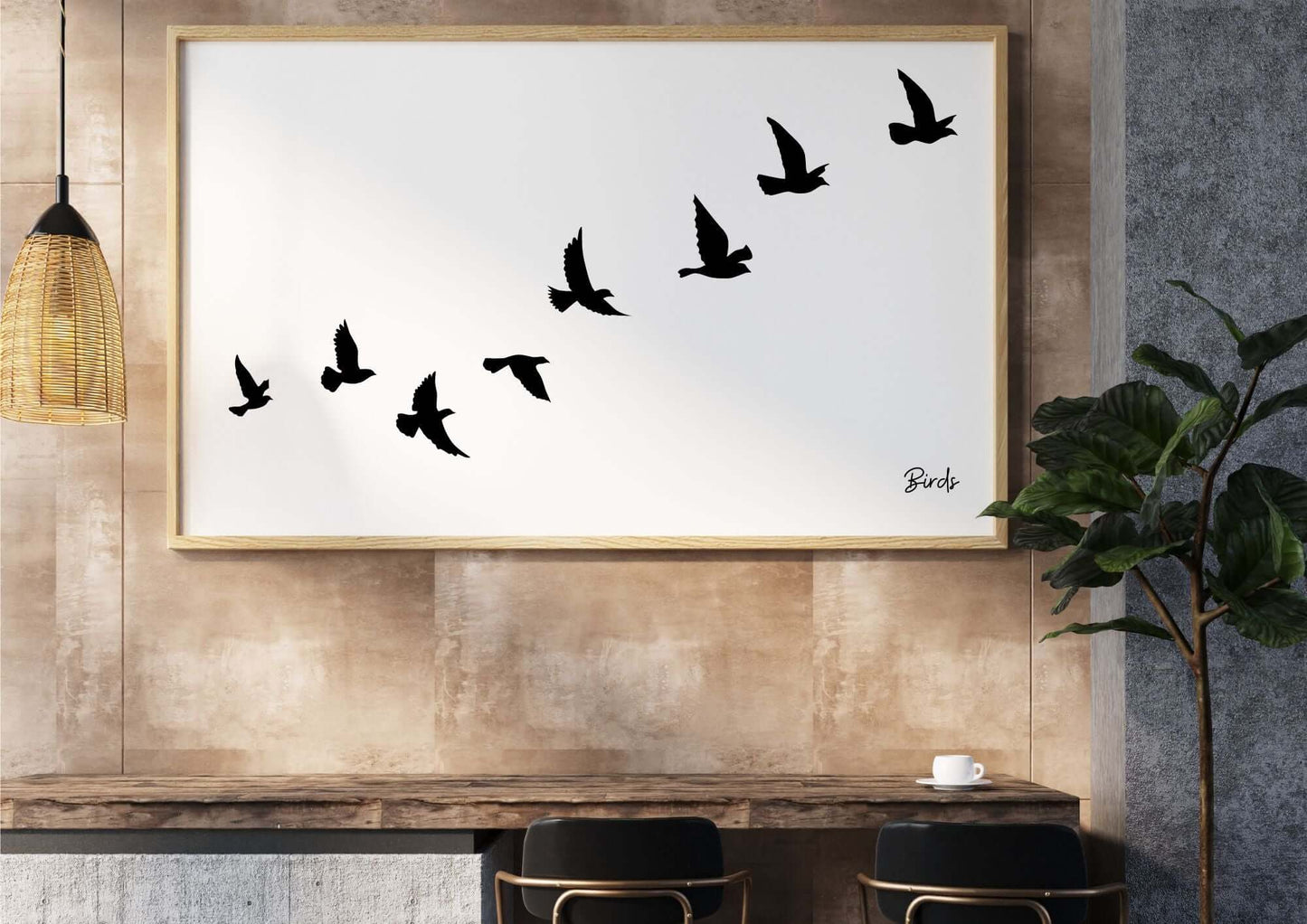 Minimalist Flying Birds Print black and white wall art featuring elegant bird silhouettes in flight displayed in a modern interior setting.