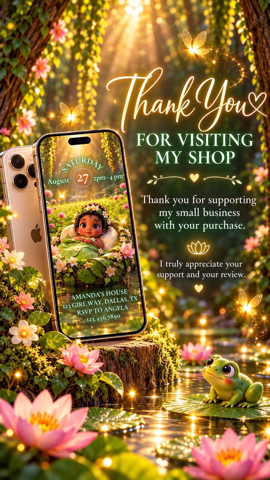 Woodland Baby Shower Video Invitation displayed on a phone, set in a magical forest with flowers and a frog.