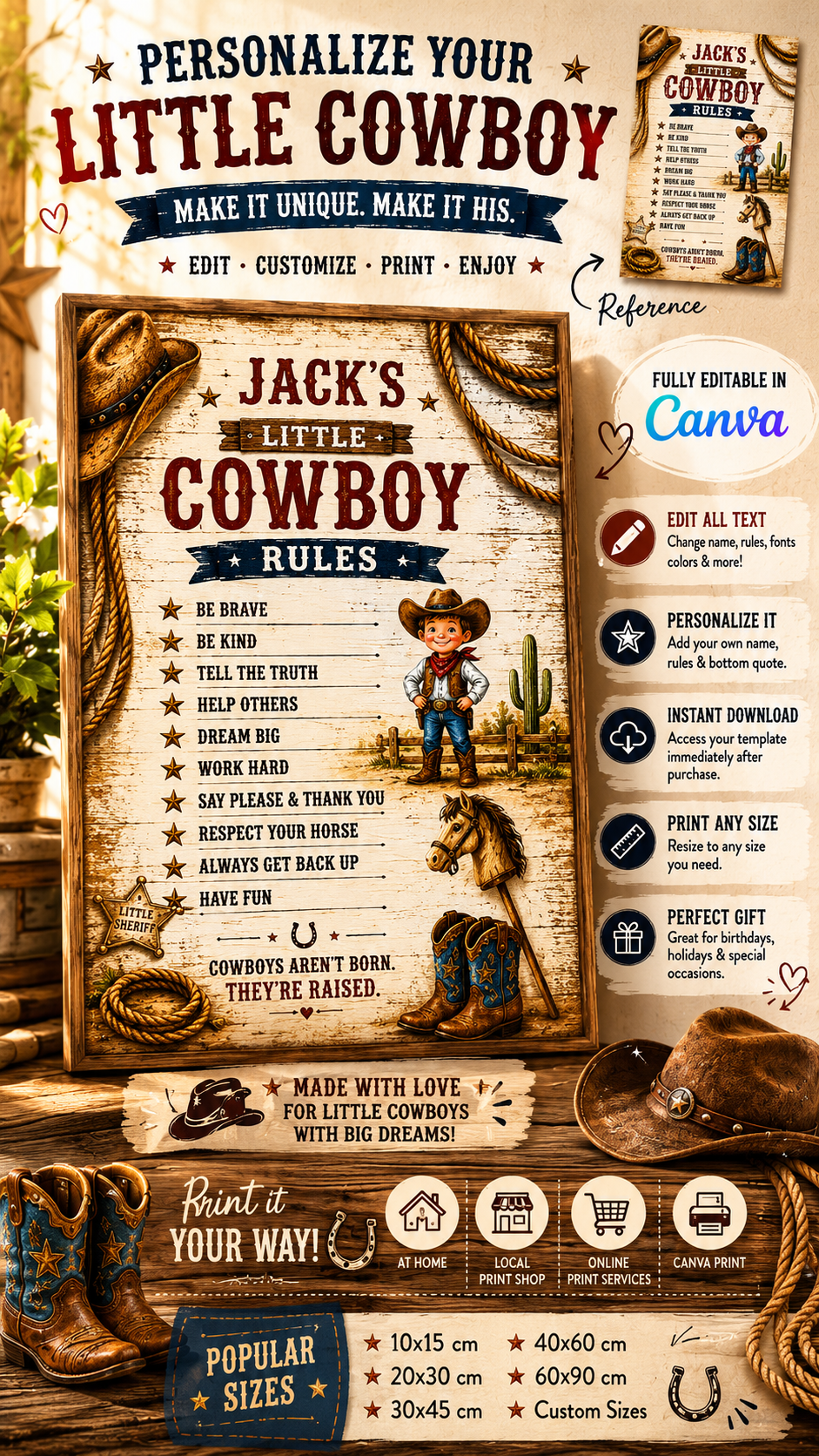 Little Cowboy Rules Sign editable Canva template for personalized kids room decor with cowboy theme