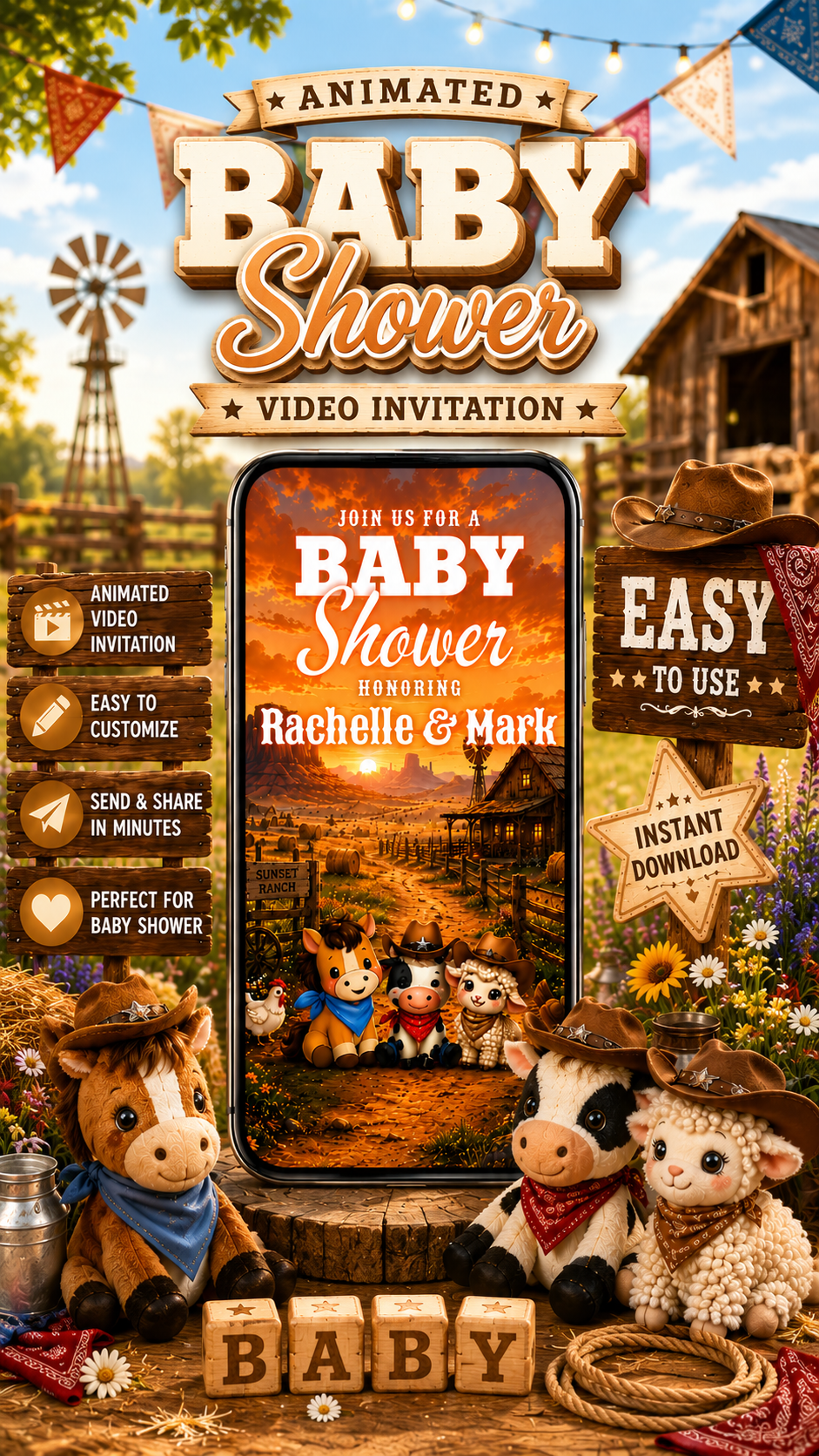 Cowboy baby shower invitation with animated video invite design featuring farm animals and rustic decorations.