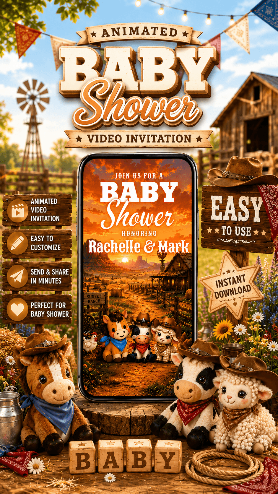 Cowboy Baby Shower Video Invitation with animated video invite design featuring farm animals and rustic decorations.