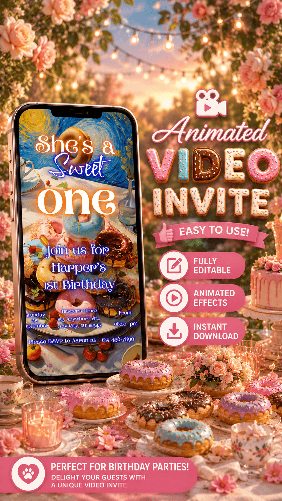 donut birthday video invitation showcasing a fun animated birthday invite for Harper's first birthday celebration.