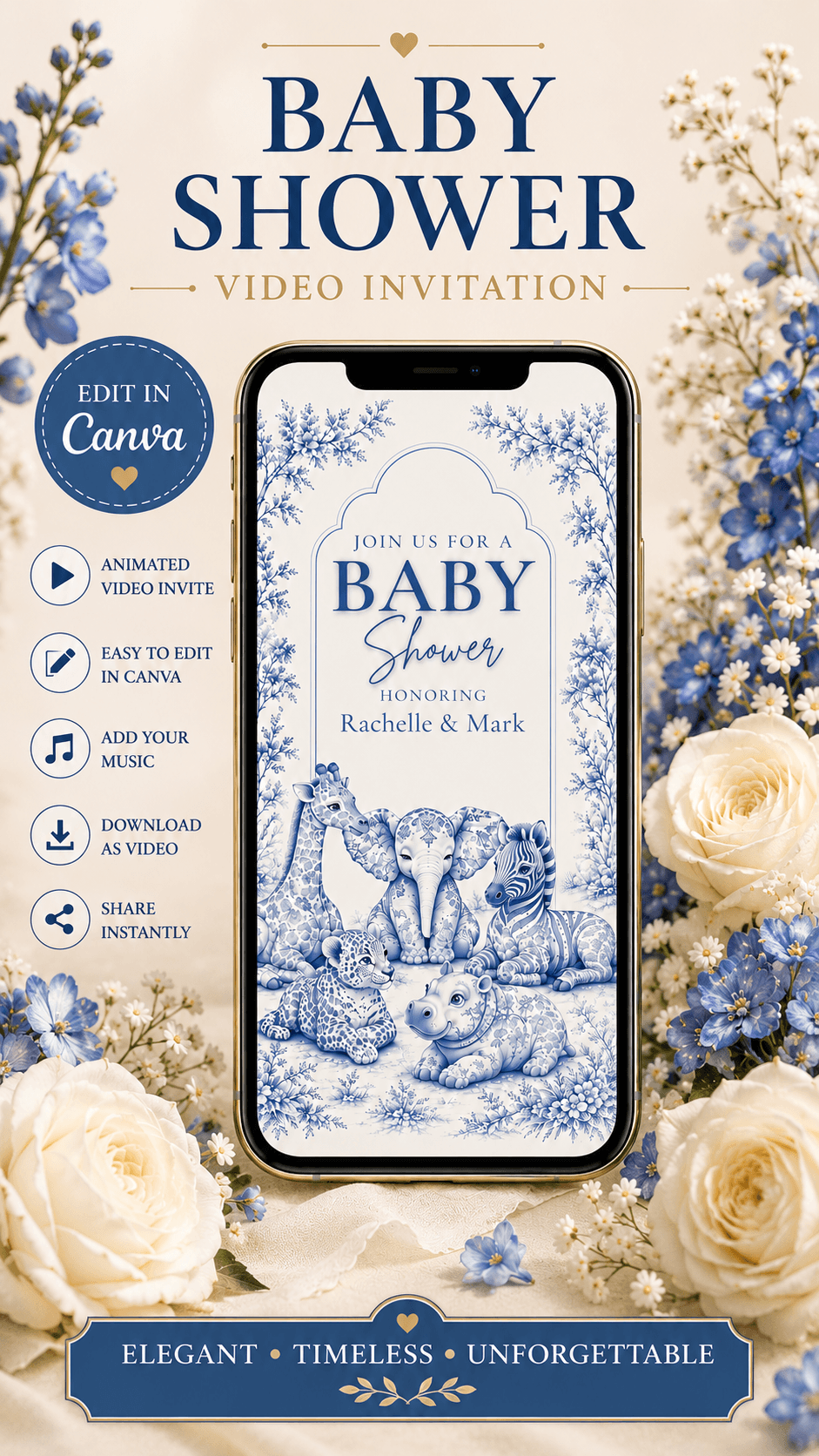 Baby Shower Video Invitation featuring elegant blue toile design and adorable safari animals for a memorable celebration.