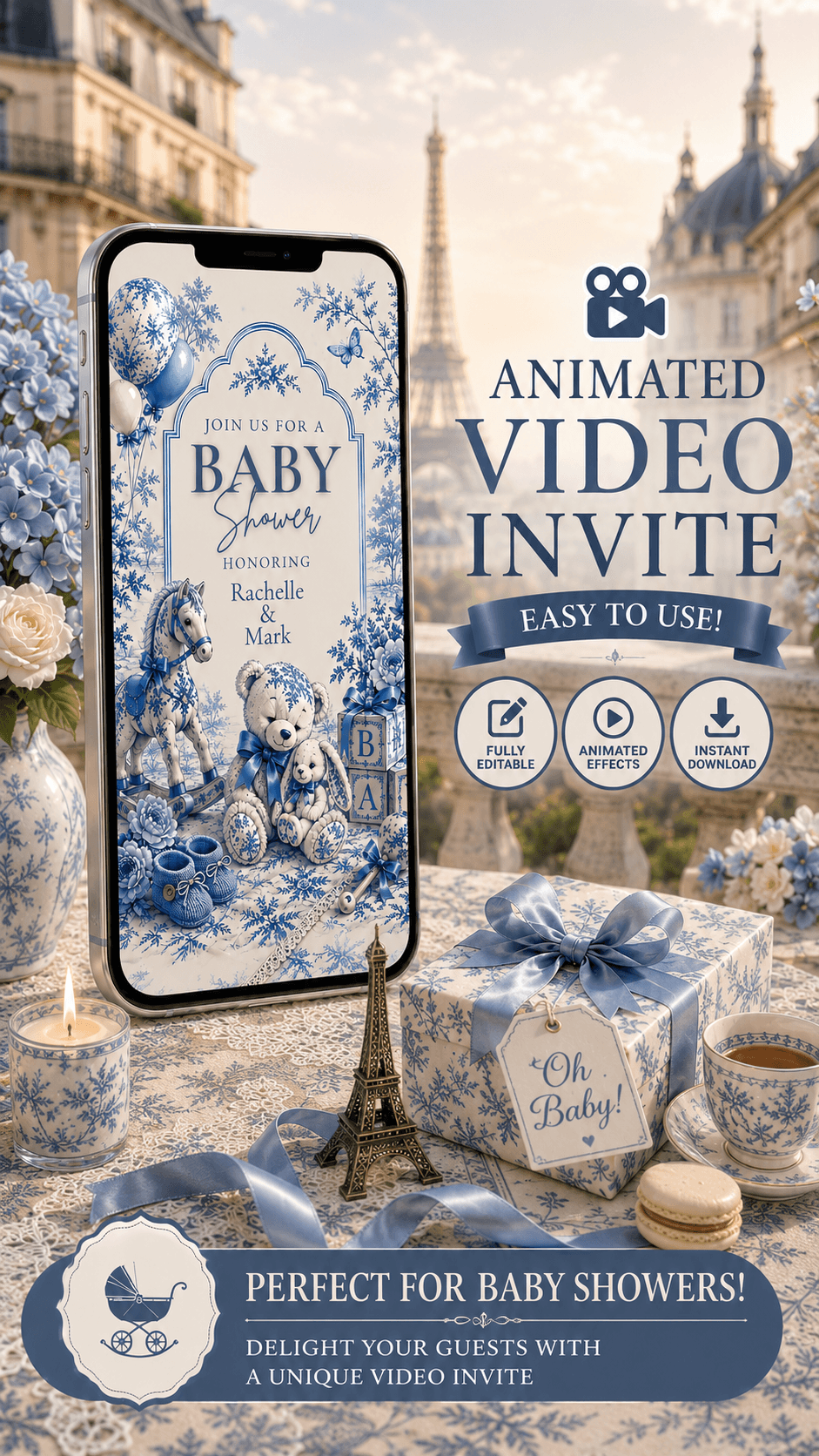 Blue Toile Baby Shower Video Invitation | Editable Canva Invite on a smartphone with elegant floral design.