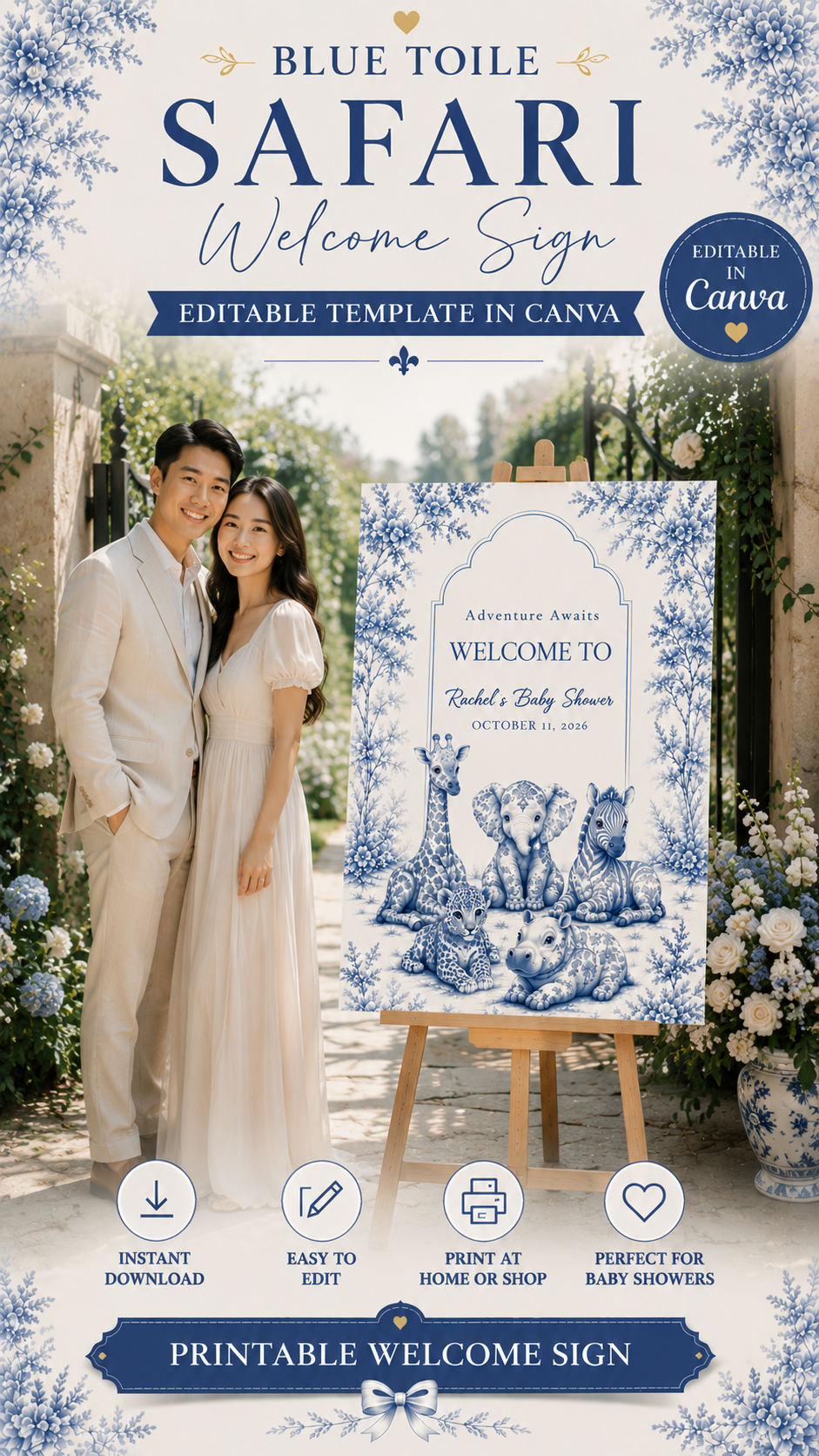 Baby shower welcome sign featuring blue toile safari design, editable template in Canva, perfect for celebrations.