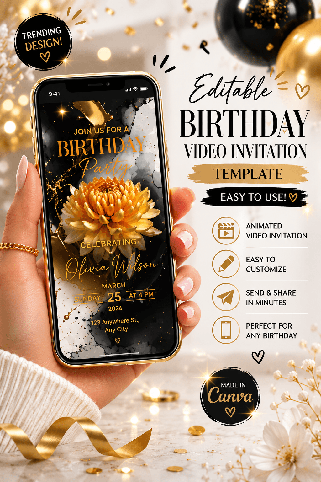 Editable Birthday Video Invitation Template Golden Floral Invite displayed on a smartphone with elegant design elements.