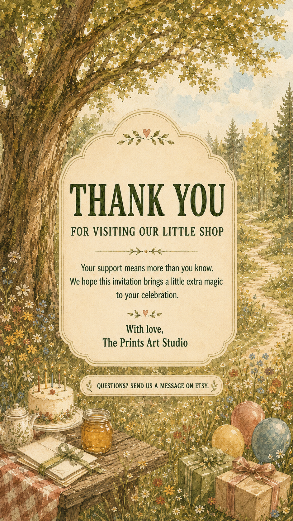 Winnie the Pooh Birthday Invitation. Thank you card for visiting The Prints Art Studio with woodland and celebration theme.