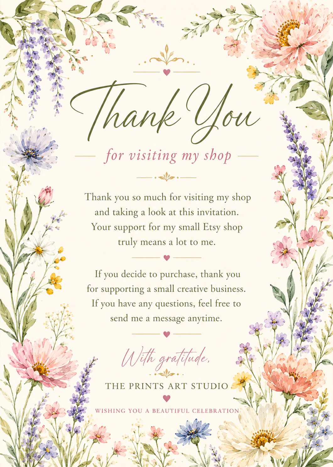 Garden Party Birthday Invitation. Thank You for visiting my shop card with watercolor floral design, featuring soft pink, purple, and yellow flowers.