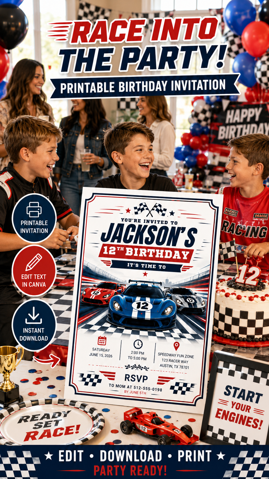Race Car Birthday Invitation – Editable Canva Template