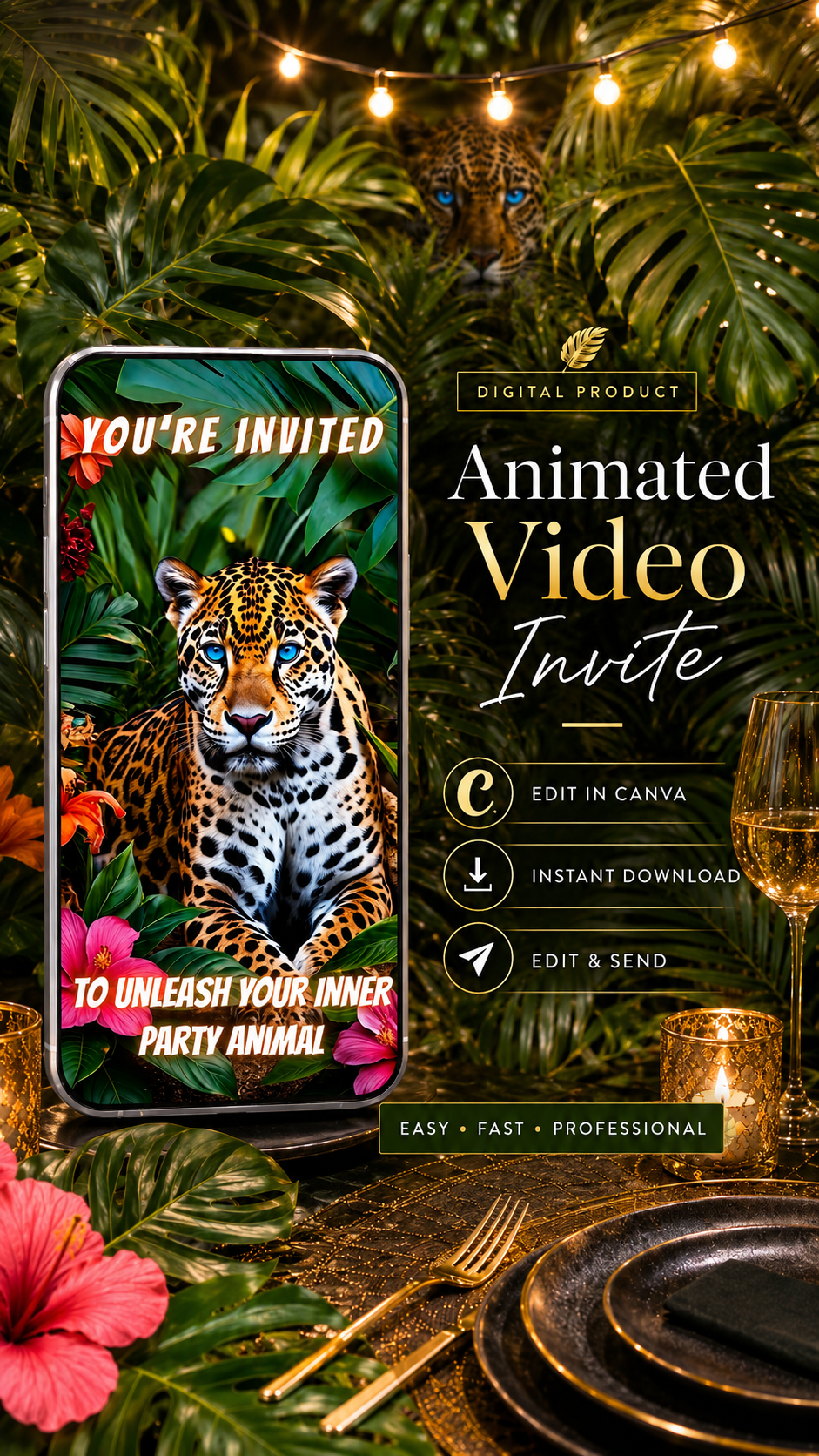 Leopard Birthday Video Invitation featuring a blue-eyed leopard amidst tropical foliage for a vibrant party invite.
