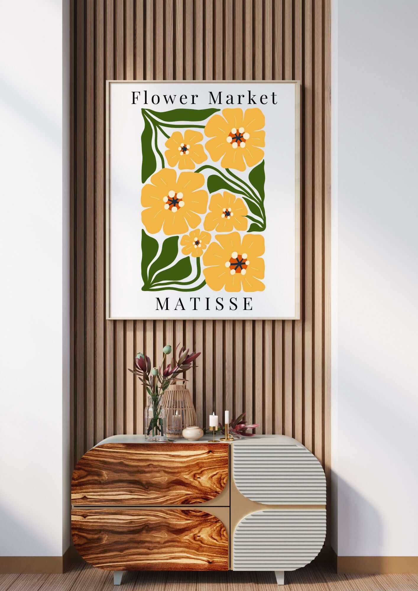 Matisse Yellow Floral Wall Art featuring vibrant yellow flowers with green leaves in a modern setting, perfect for home decoration.
