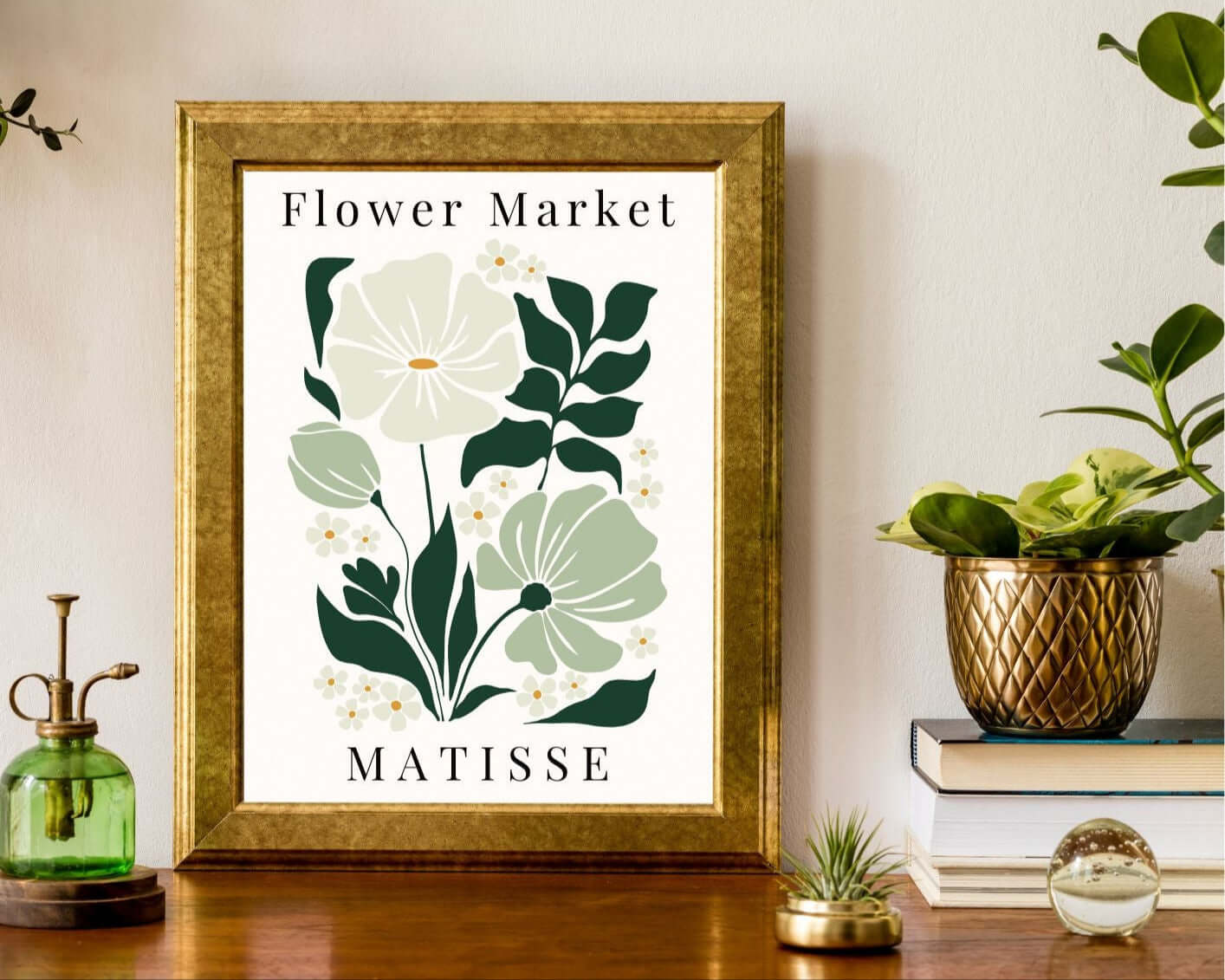 Matisse Floral Wall Art with white petals and green leaves in a frame, perfect for minimalist and Scandinavian decor.