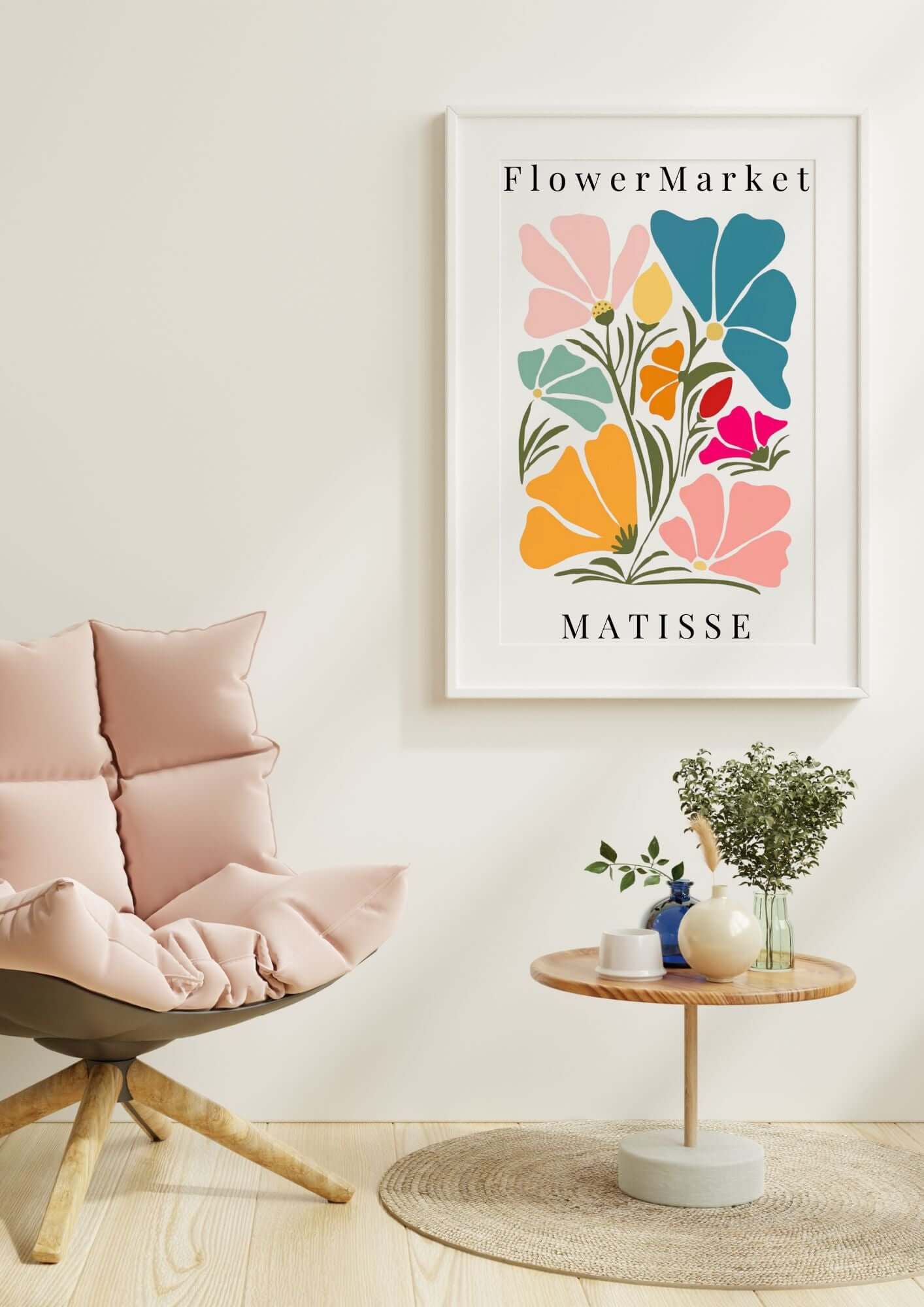 Matisse Flower Market Wall Art displayed in modern living room setting with pink chair and side table.