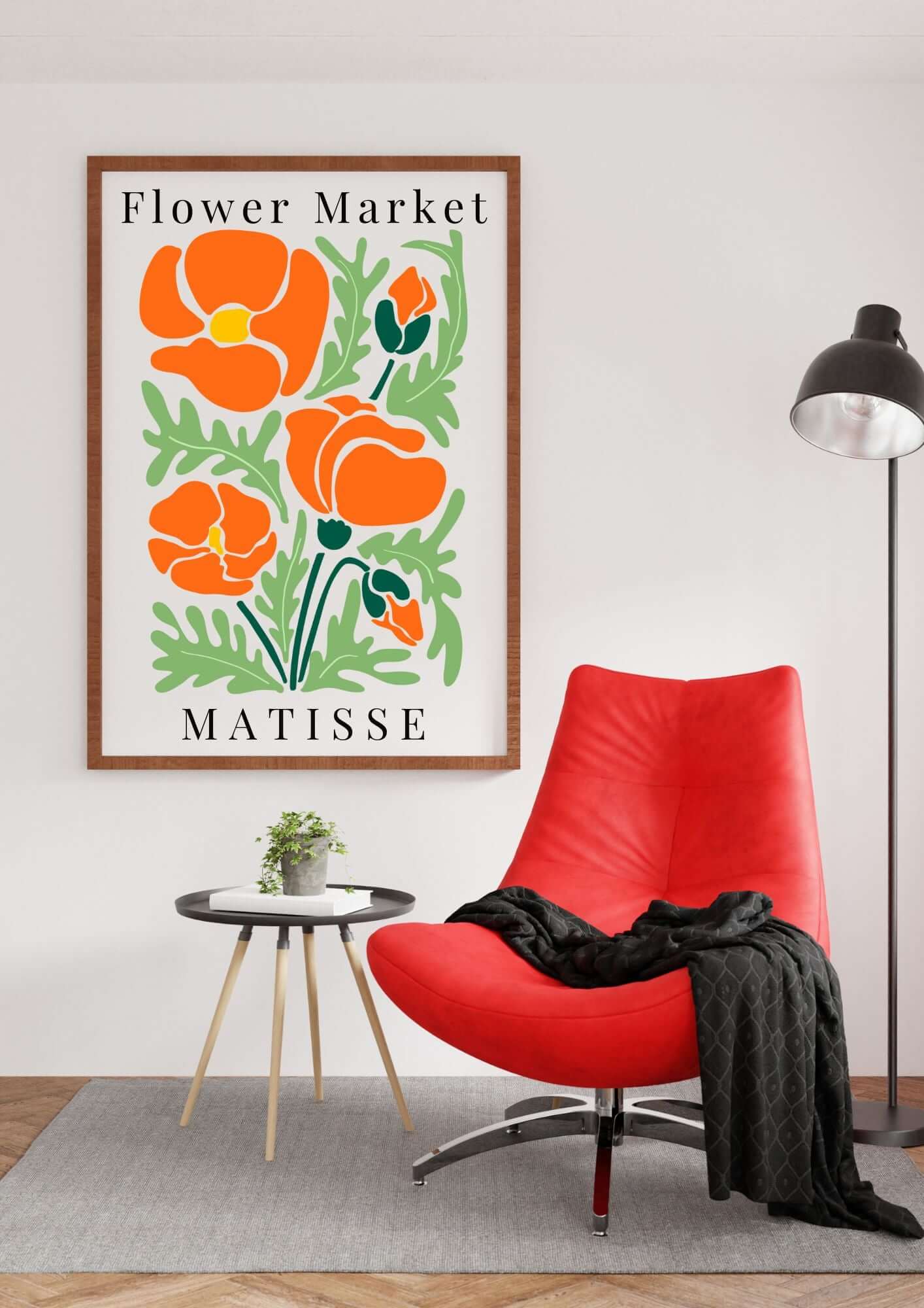 Orange Poppy Flower Market – Henri Matisse Inspired Print displayed in modern living room