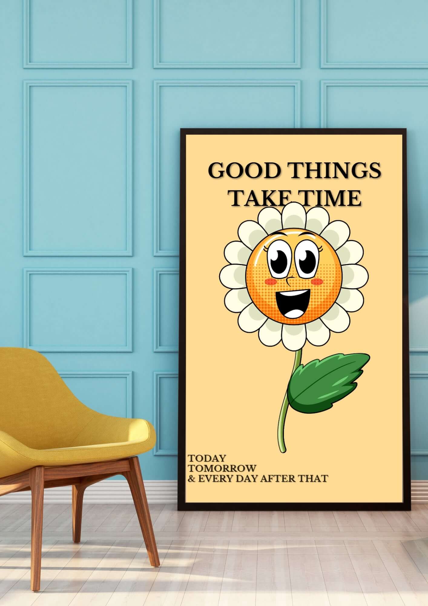 Good Things Take Time Printable Wall Art with retro flower on blue wall next to yellow chair