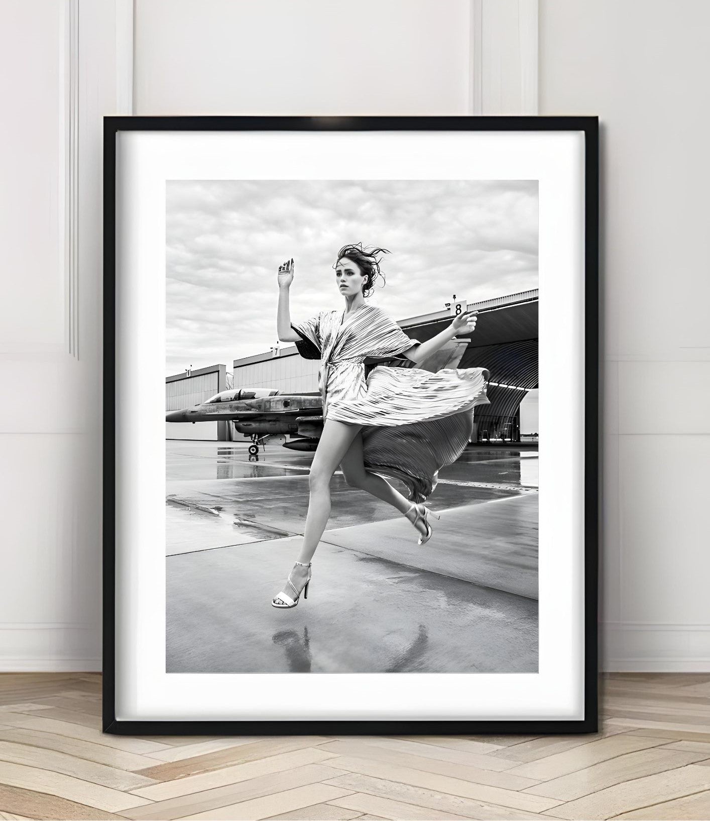 Modern Fashion Art Print – Black & White Woman Running Near Jet