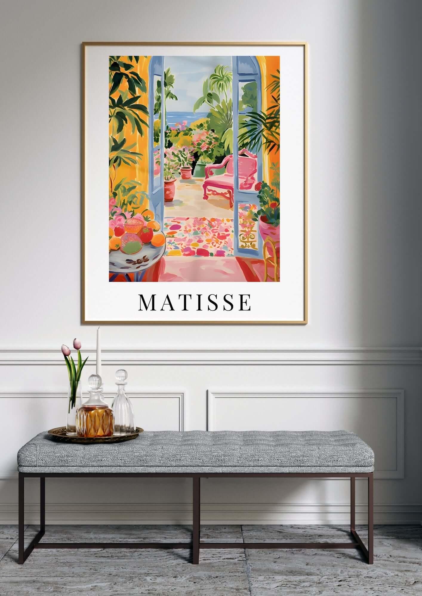 Henri Matisse Inspired Mediterranean Window Art digital wall print depicting sunlit terrace with sea view and flowers.
