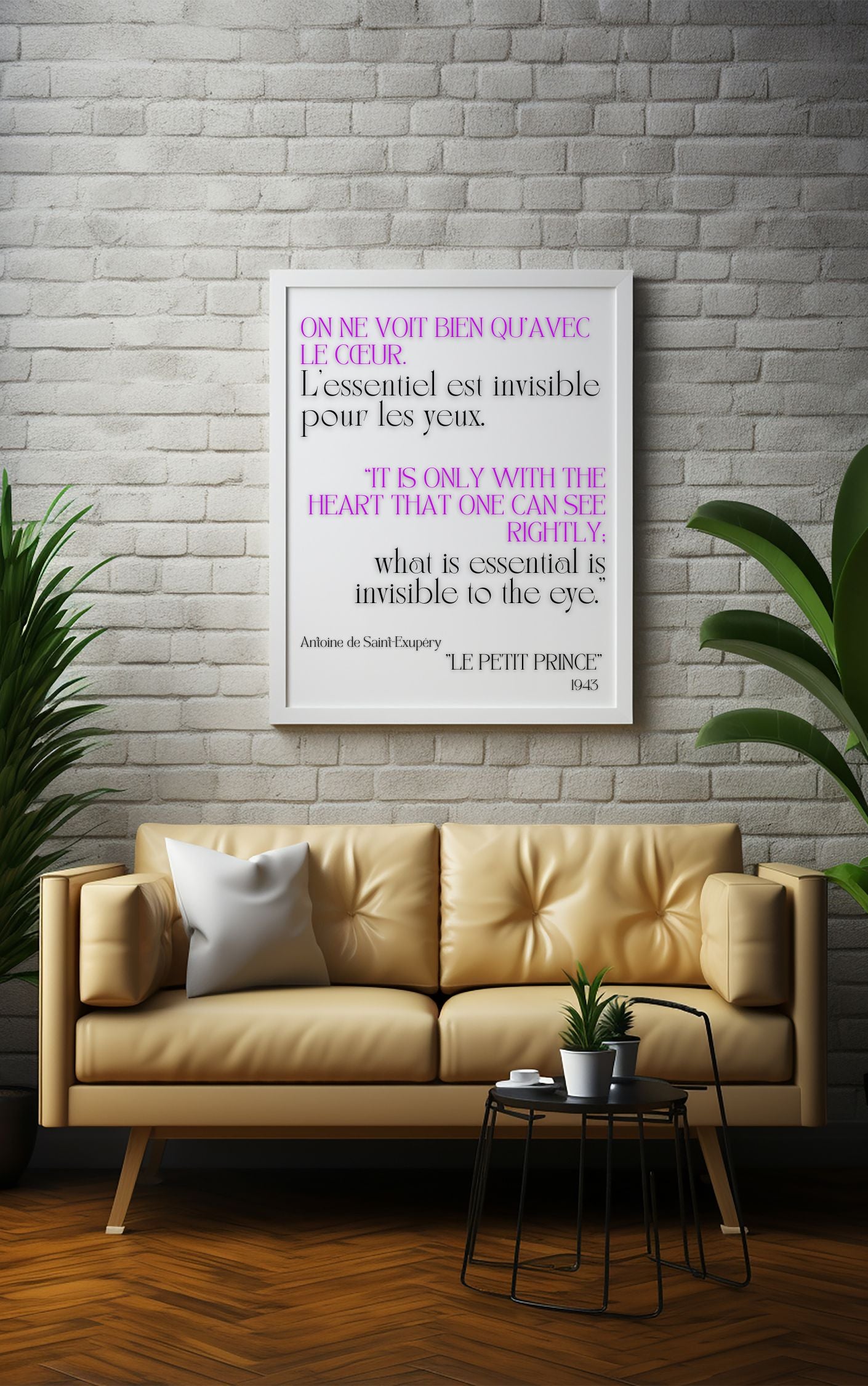 Le Petit Prince Quote Printable Wall Art on brick wall above beige sofa with plants