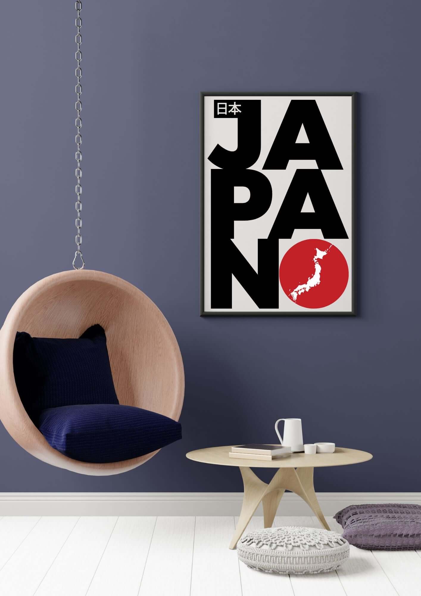 JAPAN Typography Print – Modern Minimalist Japan Map Poster, black letters and red sun, wall art in stylish room.