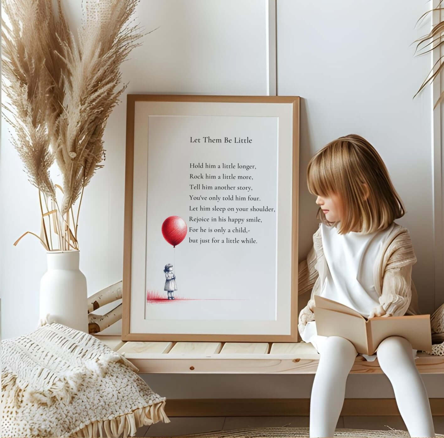 Let Them Be Little - Printable Poem framed print with a child in a cozy, rustic setting, perfect for nursery décor.