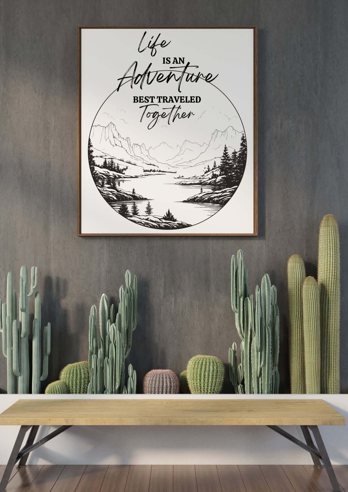 Life Is an Adventure Together Printable Wall Art with mountain and lake design above cactus-decorated bench