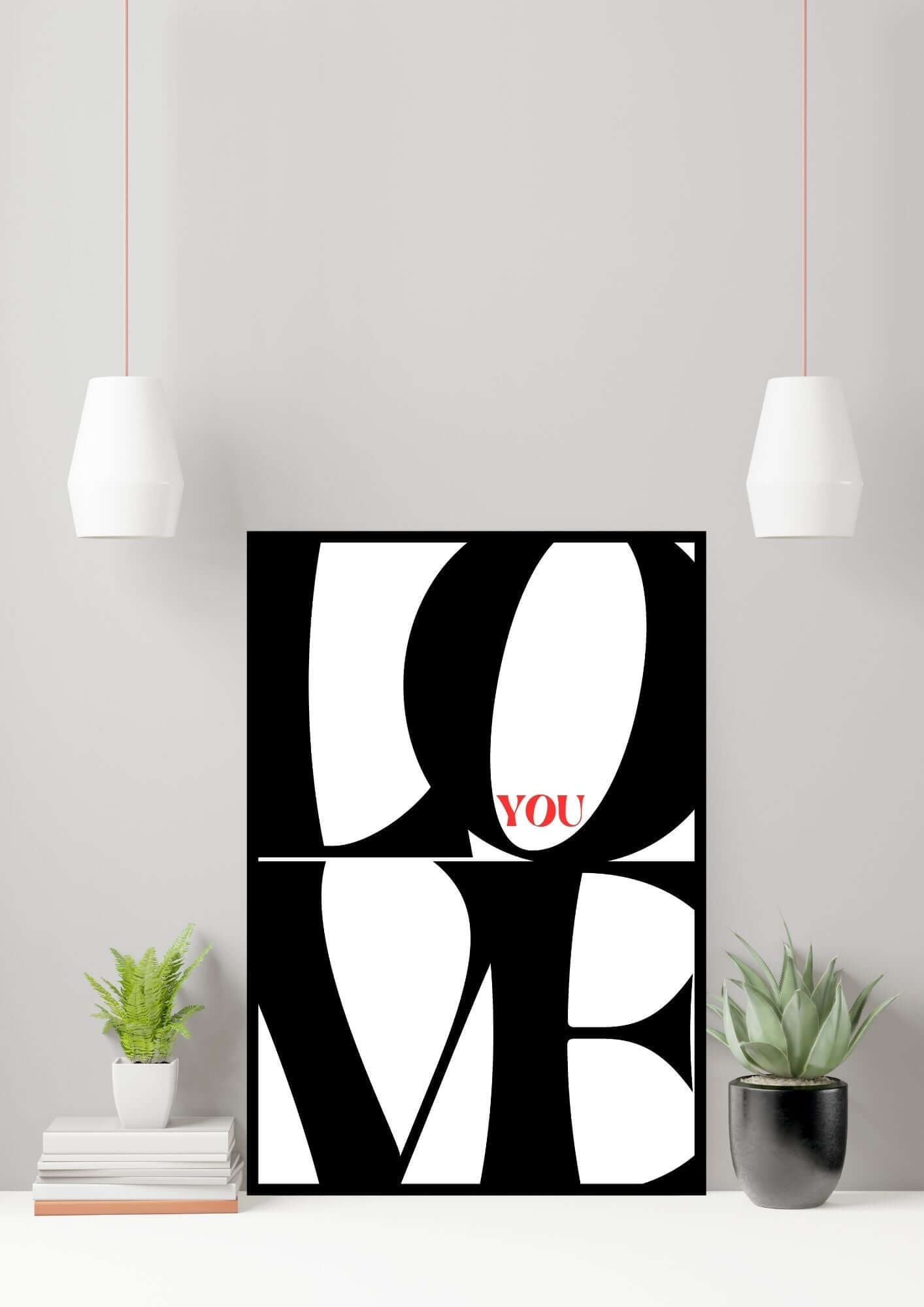 LOVE YOU Printable Wall Art with bold modern typography in black and red, displayed in a minimalist home setting.