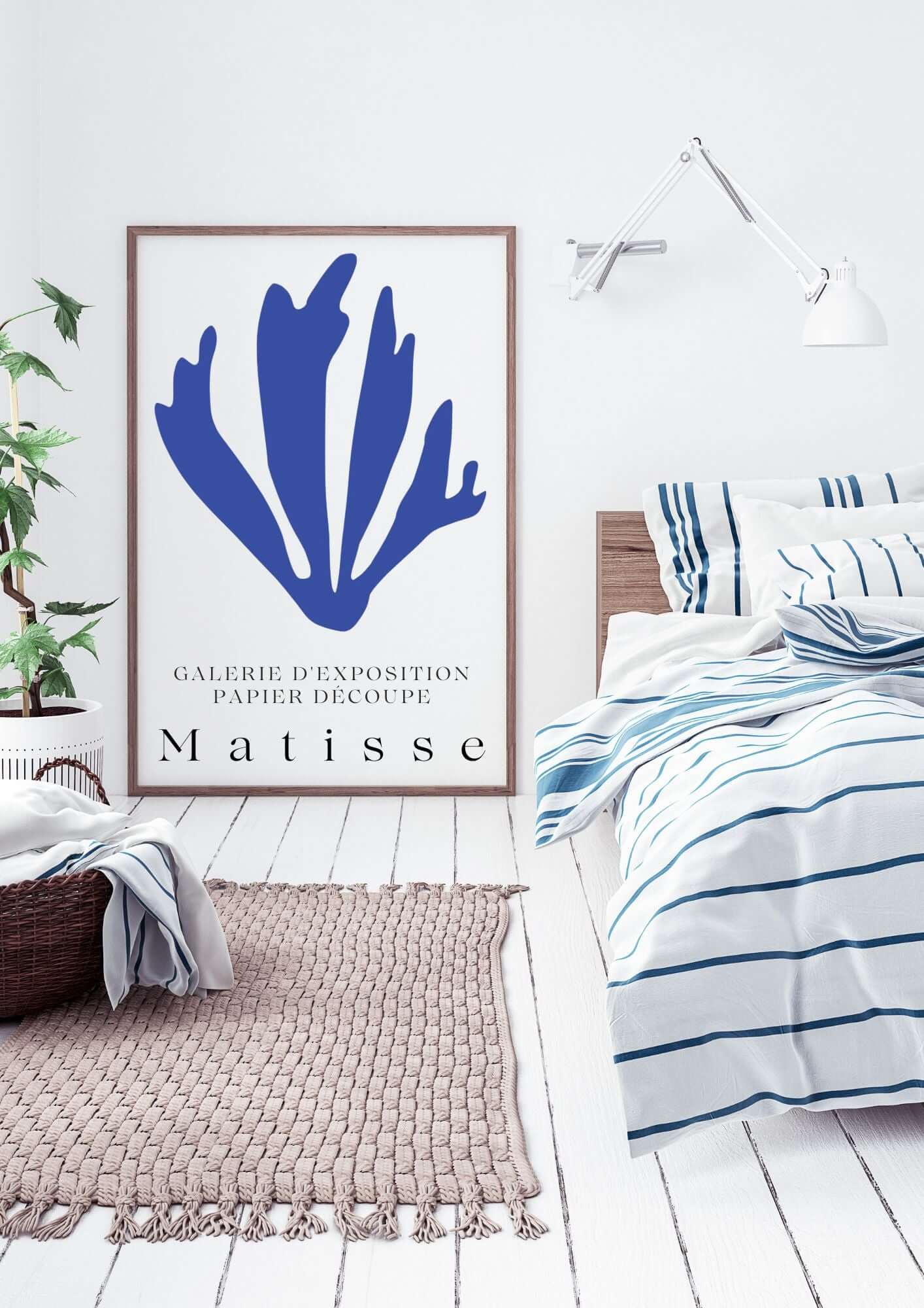 Matisse Blue Botanical Cutout Wall Art in Nordic bedroom setting, minimalist abstract print styled next to bed