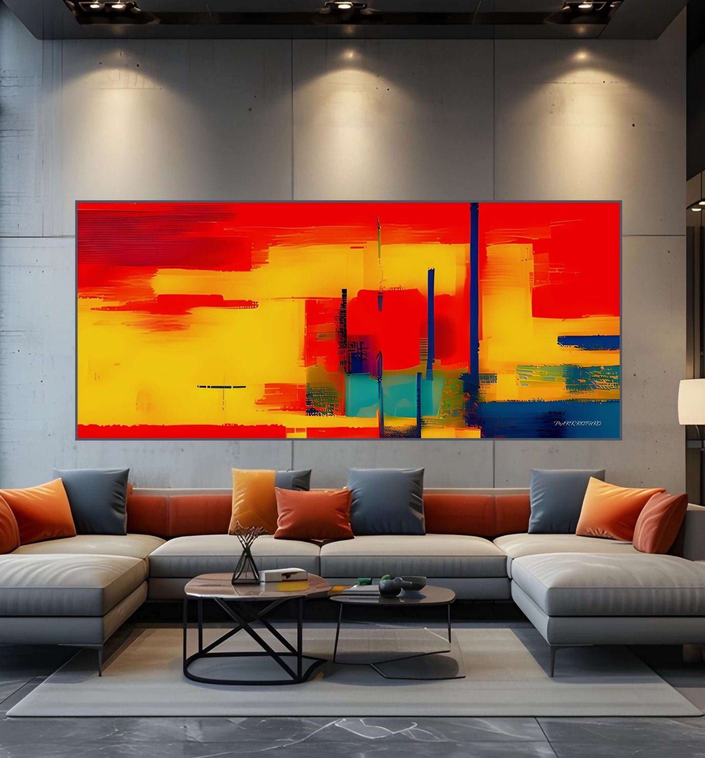 Exclusive Abstract Digital Wall Art – Vibrant Modern Expressionist Print with fiery reds, blues, and yellows in a living room setting.