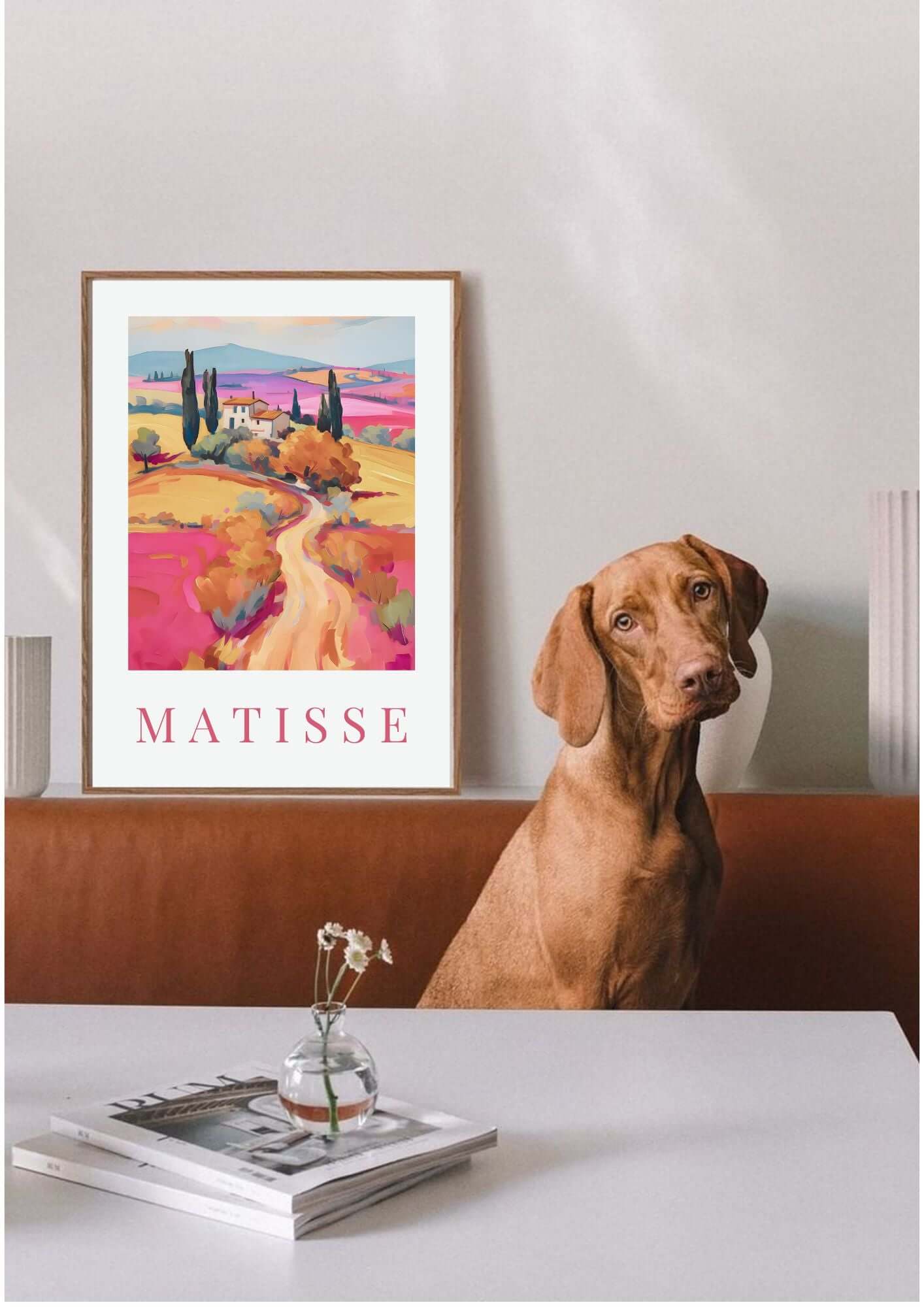 Matisse-Inspired Italian Countryside Digital Print | Vibrant Tuscan Landscape Wall Art with brown dog and modern interior setting