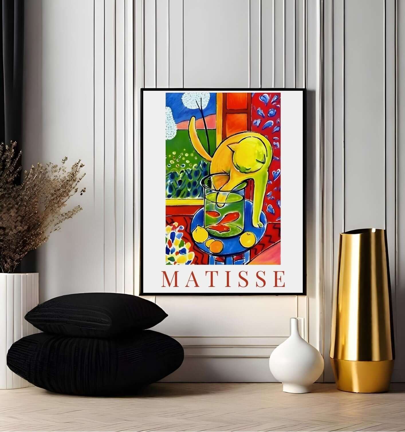 Matisse Cat and Goldfish Wall Art displayed in a modern living room setting, showcasing vibrant colors and playful design.