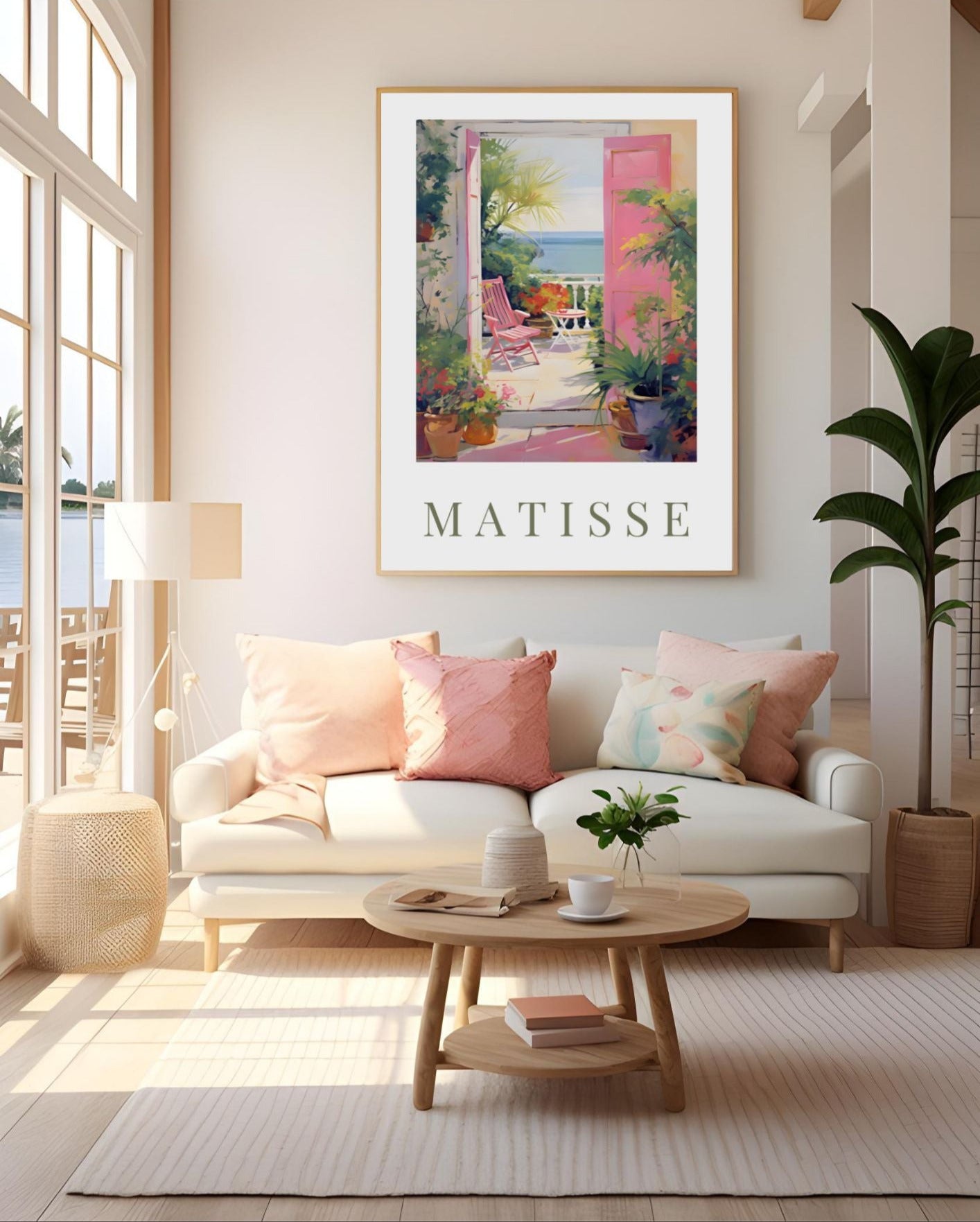 Matisse-Inspired Seaside Balcony Print | Mediterranean Digital Wall Art in a cozy living room with pink decor and sea view.