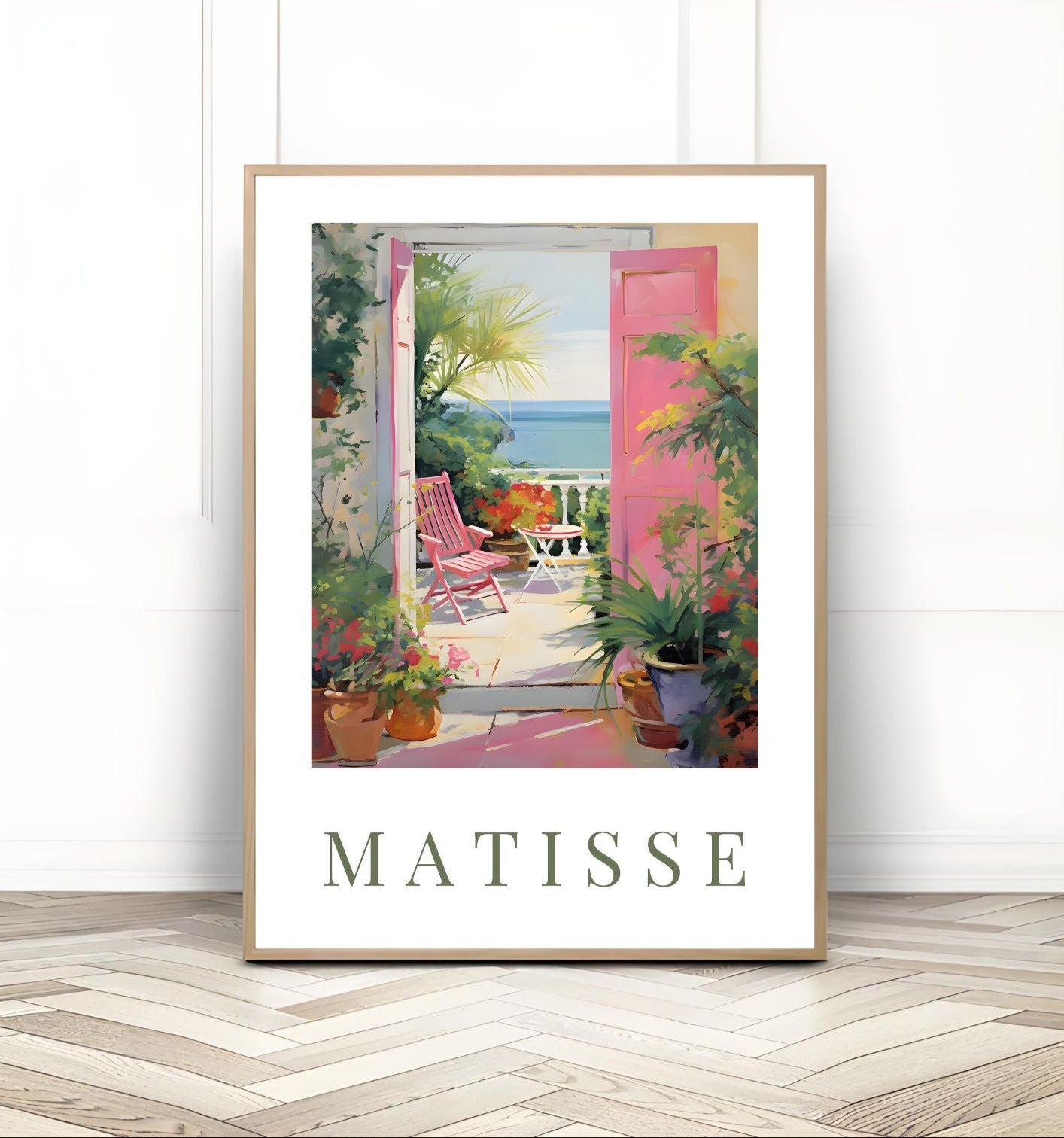 Matisse-Inspired Seaside Balcony Print | Mediterranean Digital Wall Art, vibrant pink shutters, lush greenery, sea view