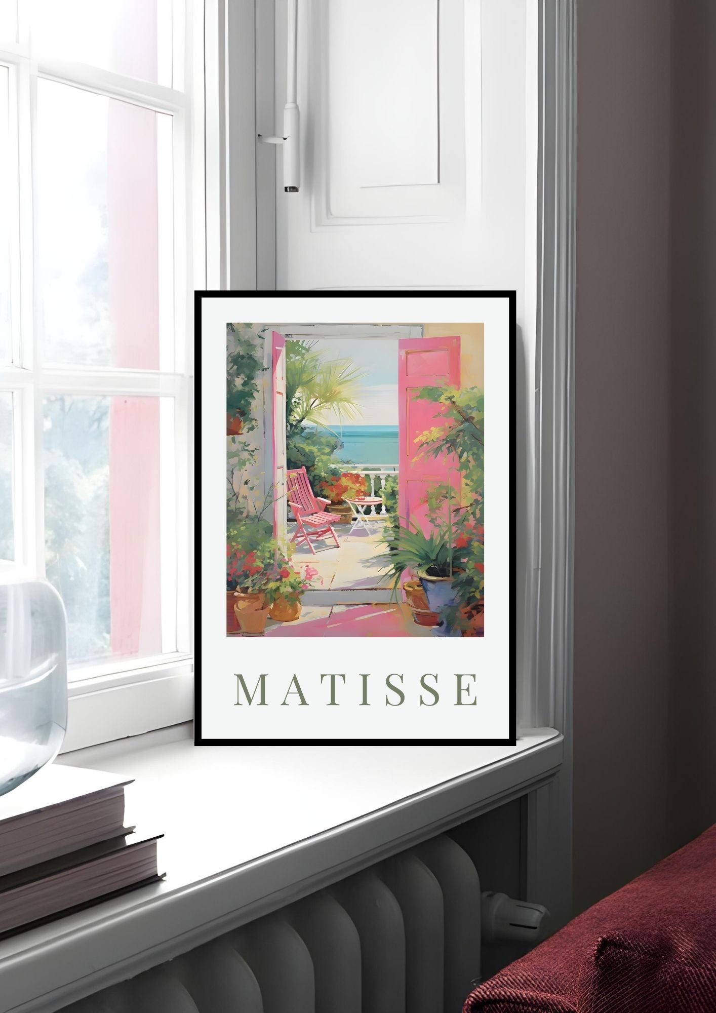 Matisse-Inspired Seaside Balcony Print | Mediterranean Digital Wall Art with pink shutters, terrace, and sea view.
