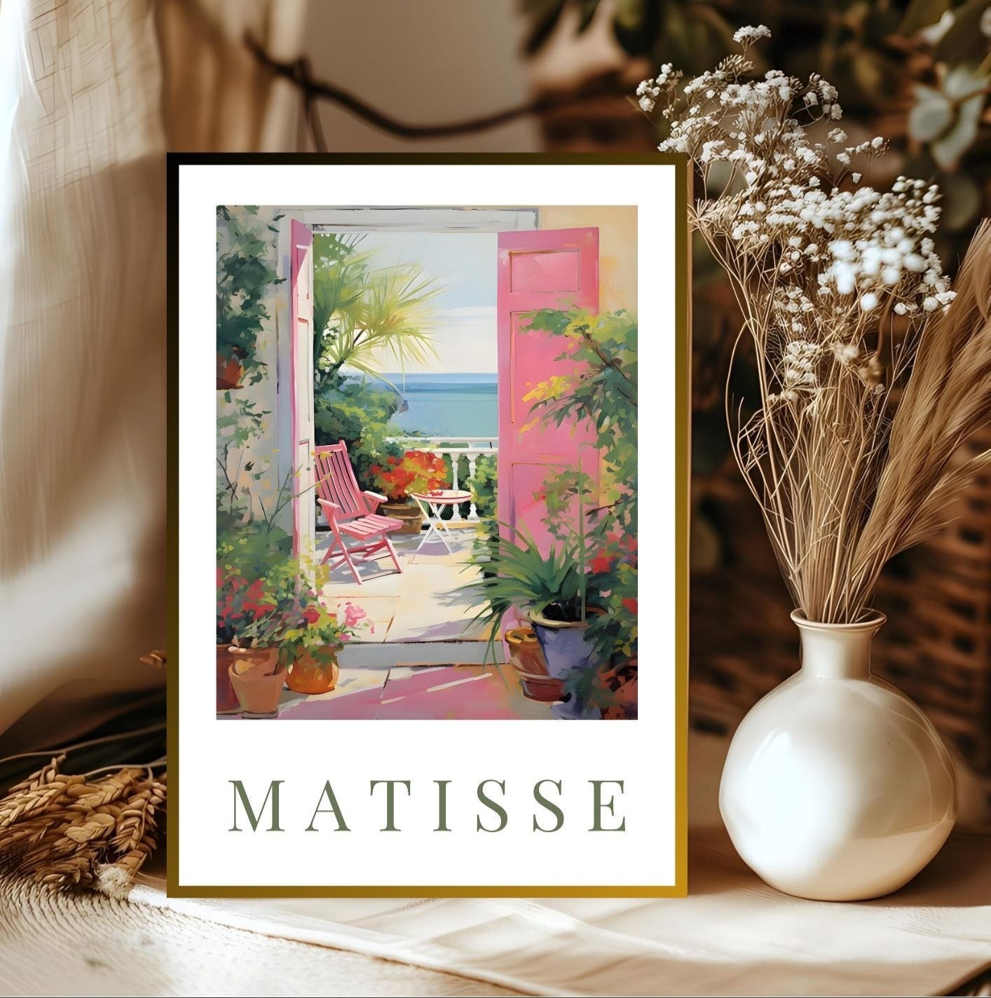 Matisse-Inspired Seaside Balcony Print | Mediterranean Digital Wall Art with pink shutters, lush greenery, and sea view