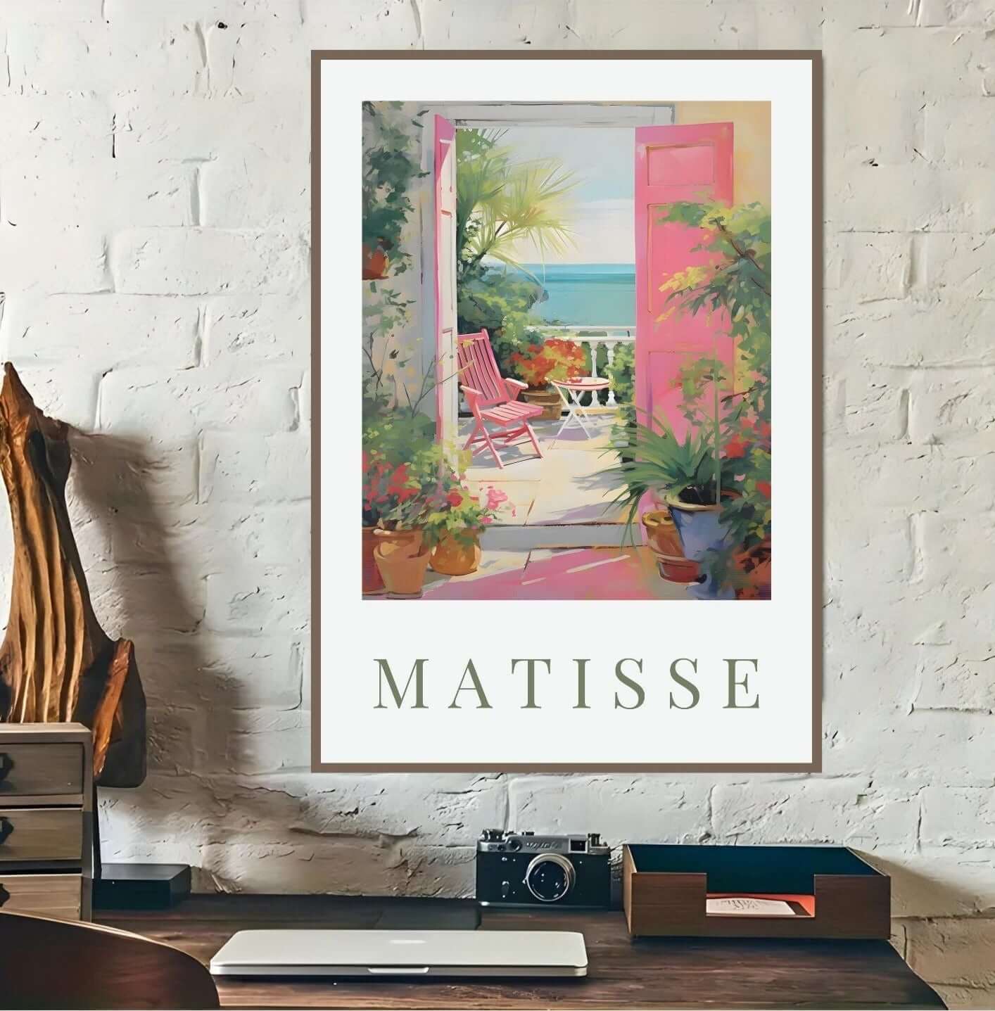 Matisse-Inspired Seaside Balcony Print | Mediterranean Digital Wall Art with pink shutters and sea view in a room setting.