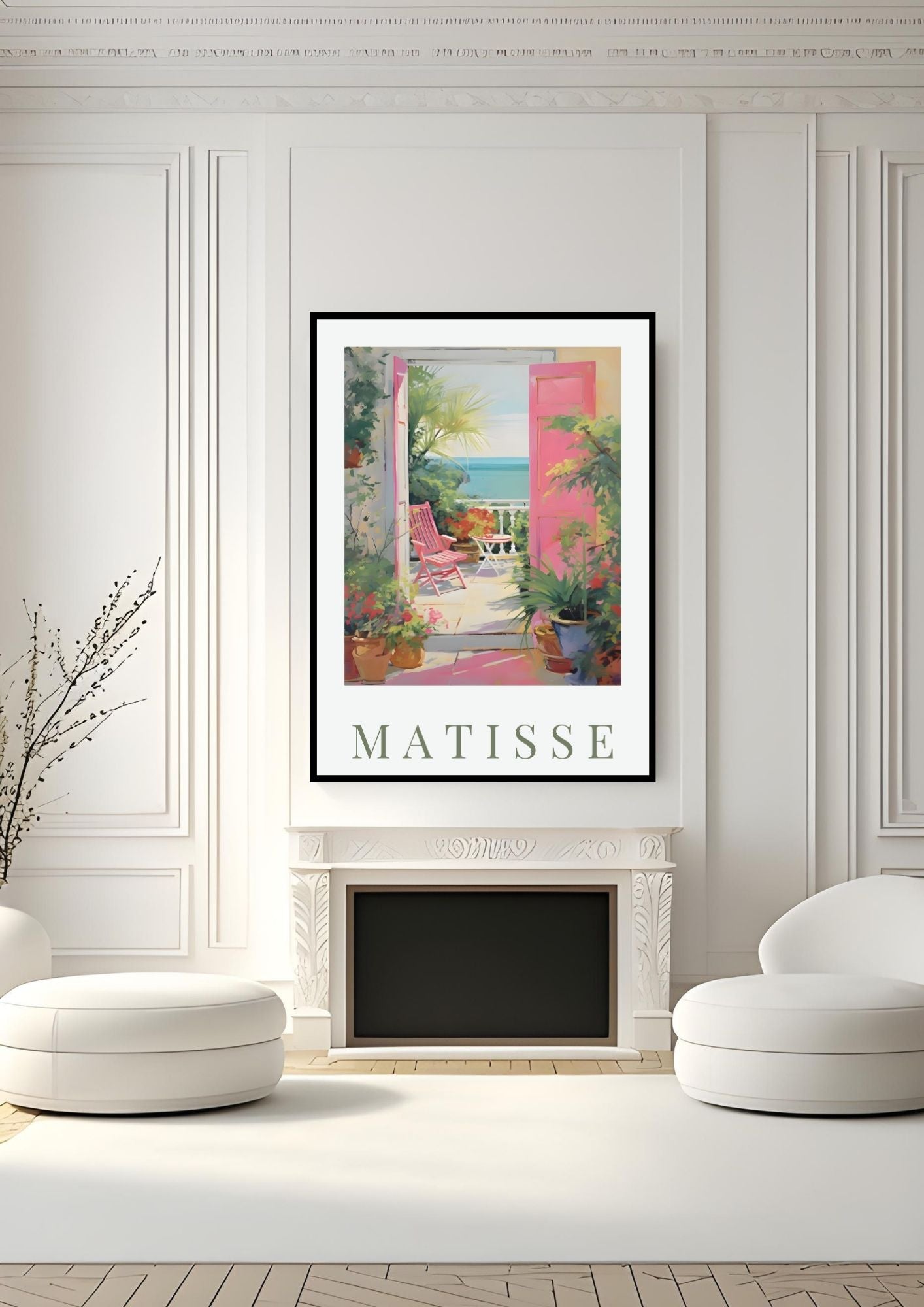 Matisse-Inspired Seaside Balcony Print | Mediterranean Digital Wall Art with pink shutters and sea view in elegant room.