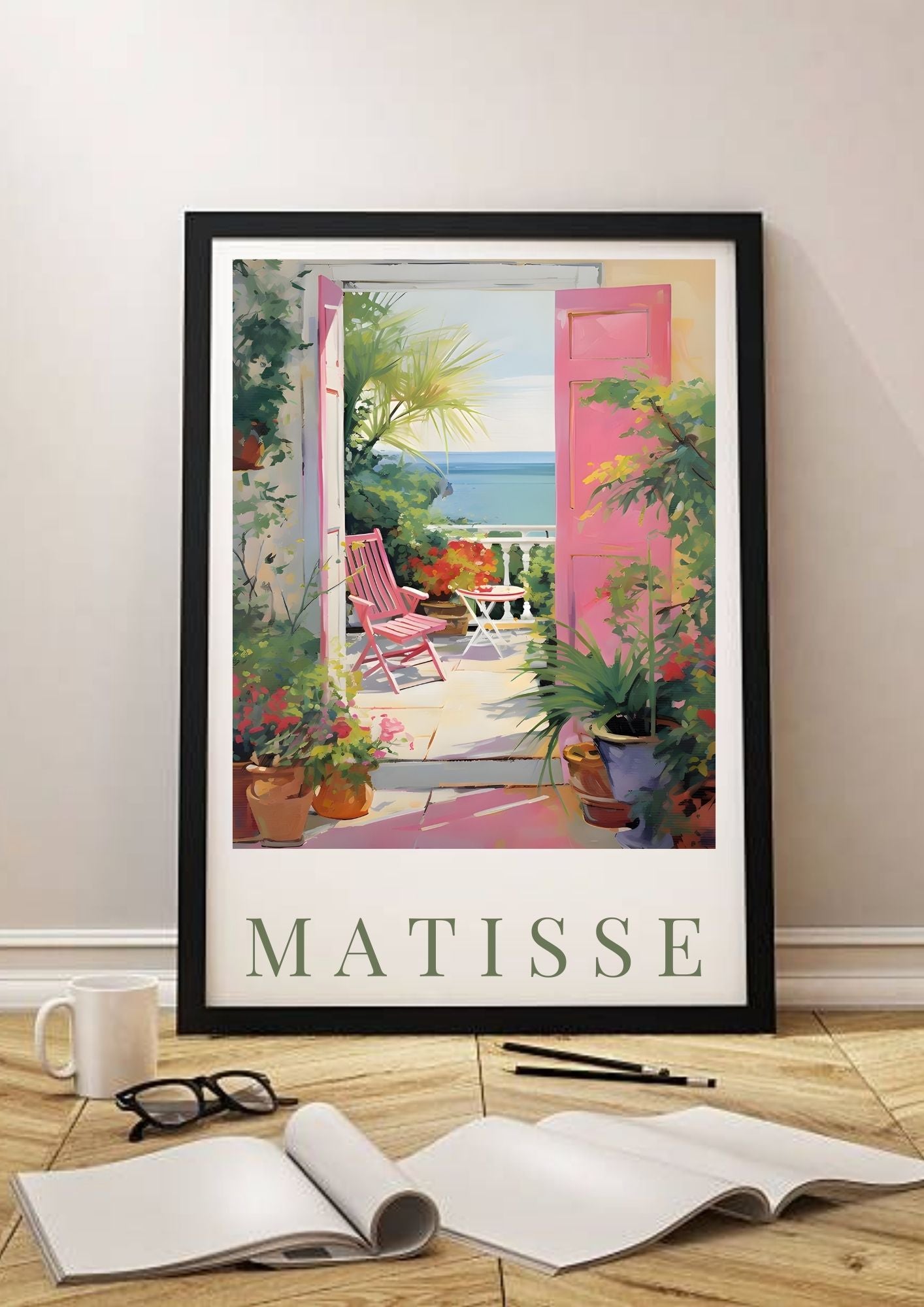 Matisse-Inspired Seaside Balcony Print | Mediterranean Digital Wall Art, featuring vibrant pink shutters and a sea view.