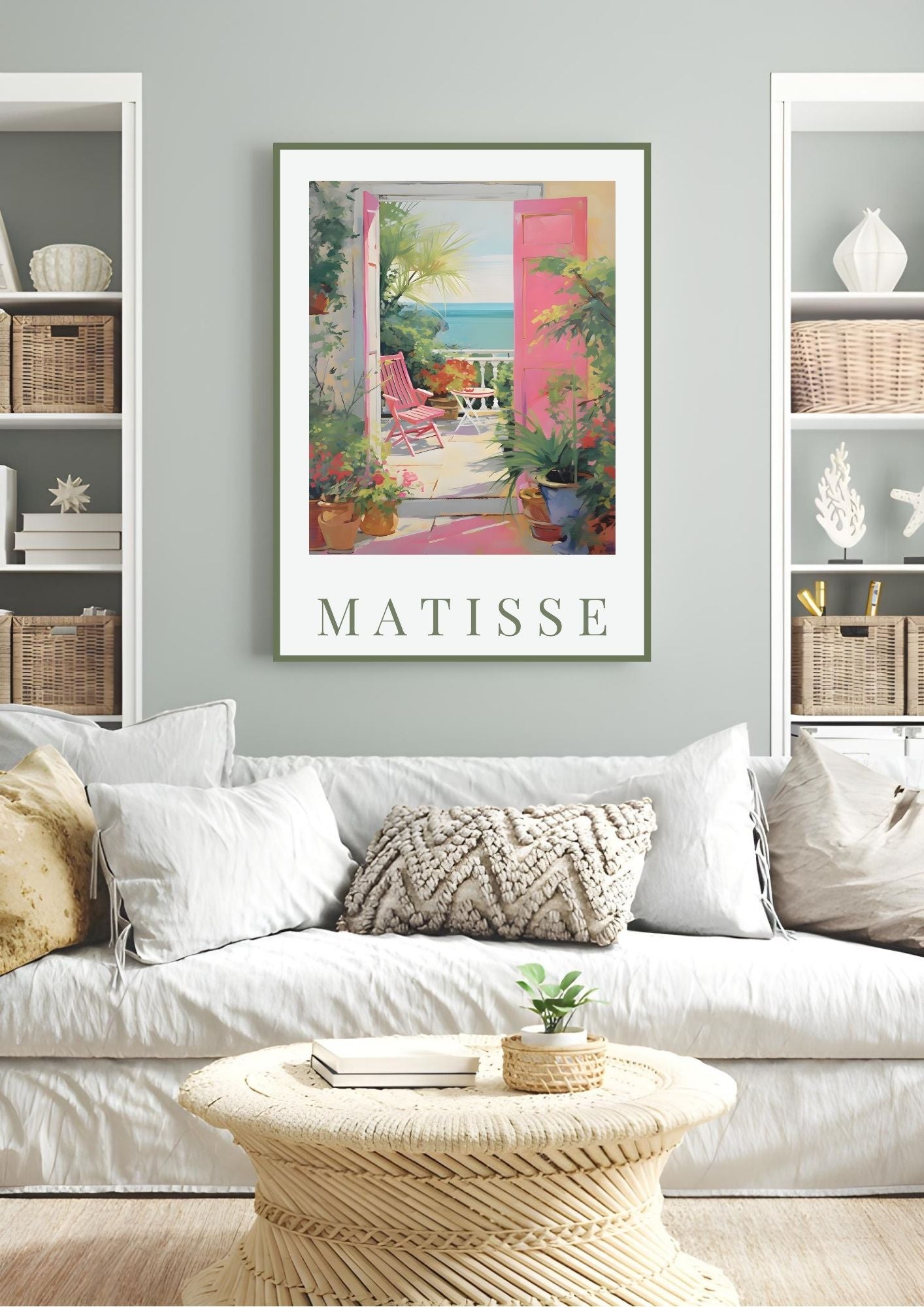 Matisse-Inspired Seaside Balcony Print | Mediterranean Digital Wall Art with pink shutters and sea view