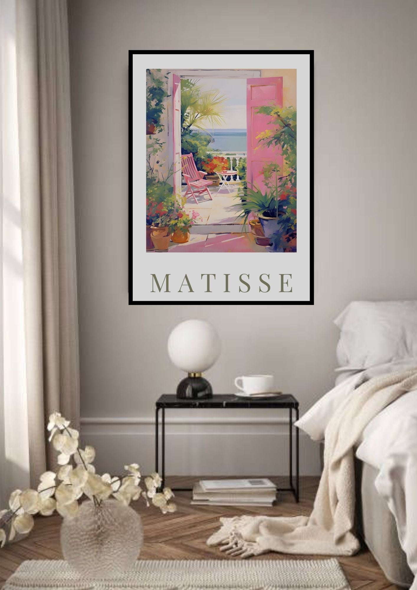 Matisse-Inspired Seaside Balcony Print in a cozy bedroom, featuring Mediterranean digital wall art with pink shutters and sea view.
