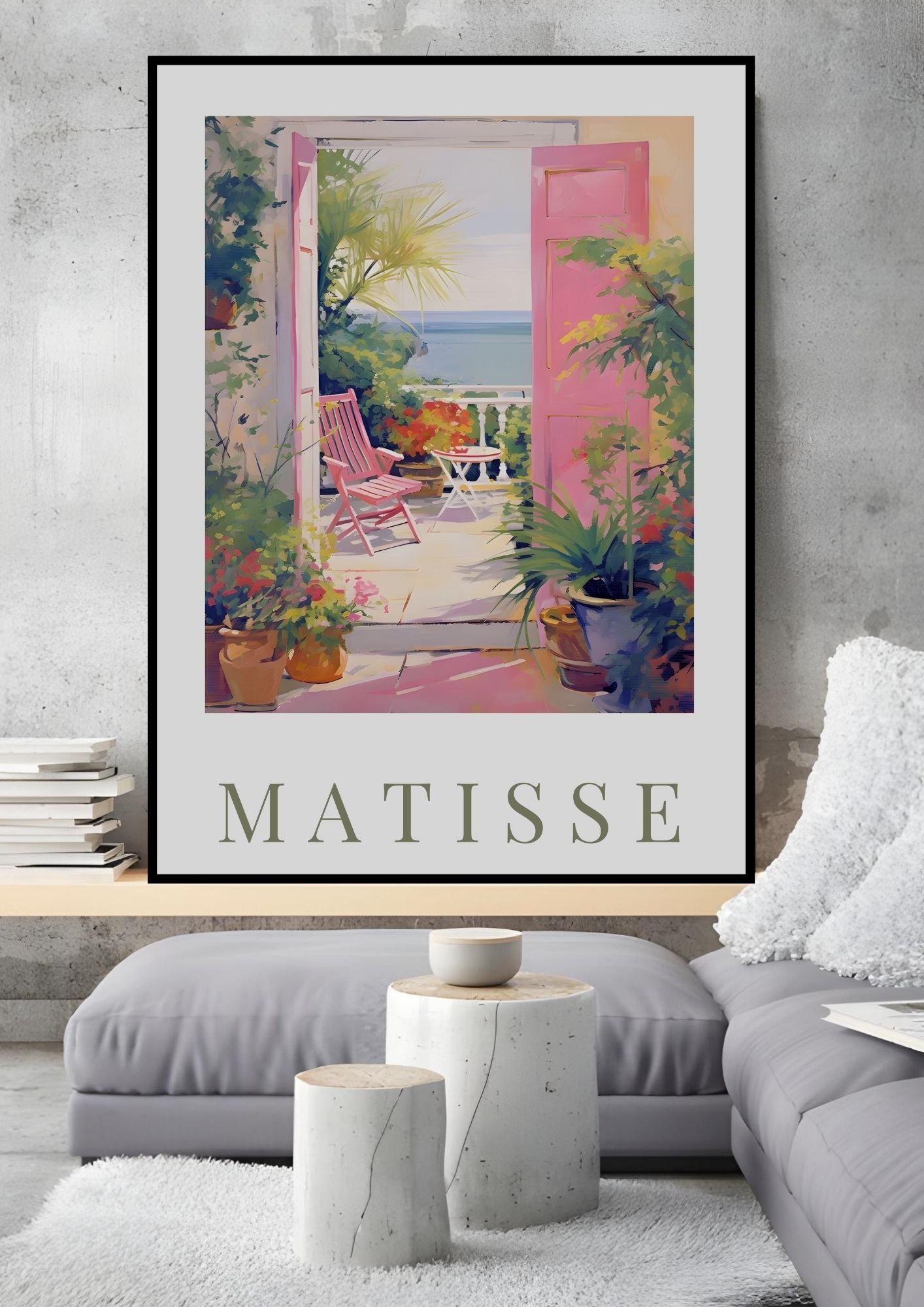 Matisse-Inspired Seaside Balcony Print | Mediterranean Digital Wall Art featuring pink shutters, terrace, and sea view in a modern room.