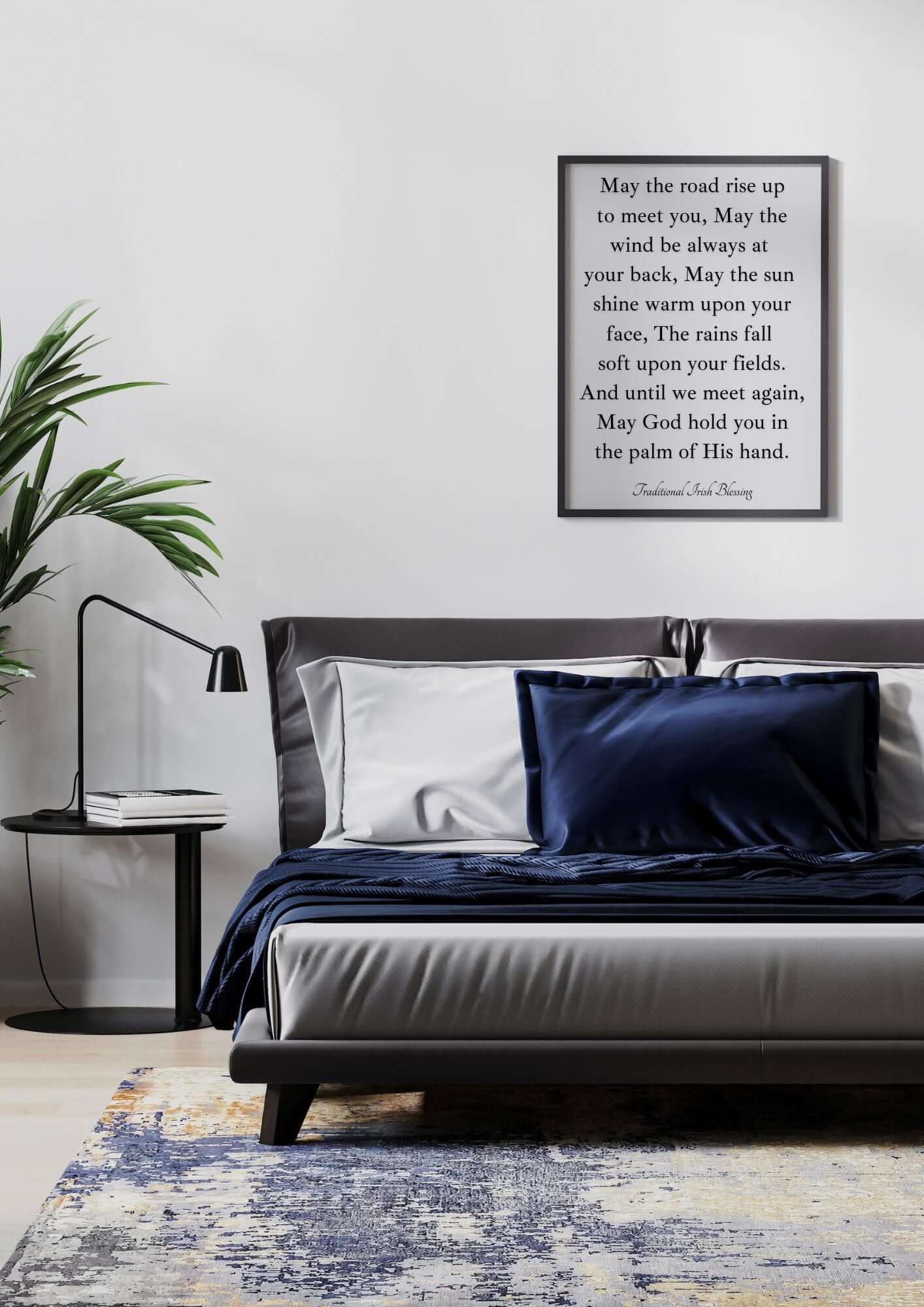 Irish Blessing Wall Art Printable displayed above a modern bed