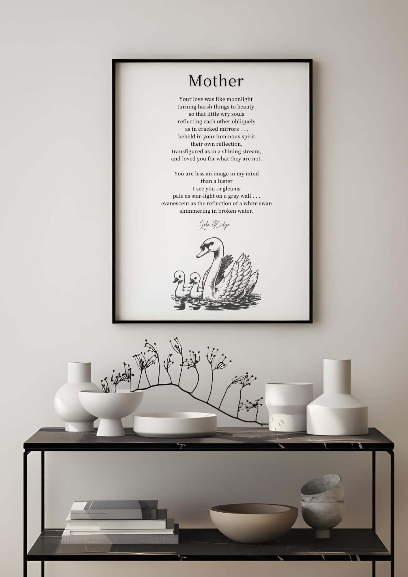 Mother - Printable Poetry Wall Art featuring poem by Lola Ridge with swan illustration, perfect gift for Mother's Day or keepsake.