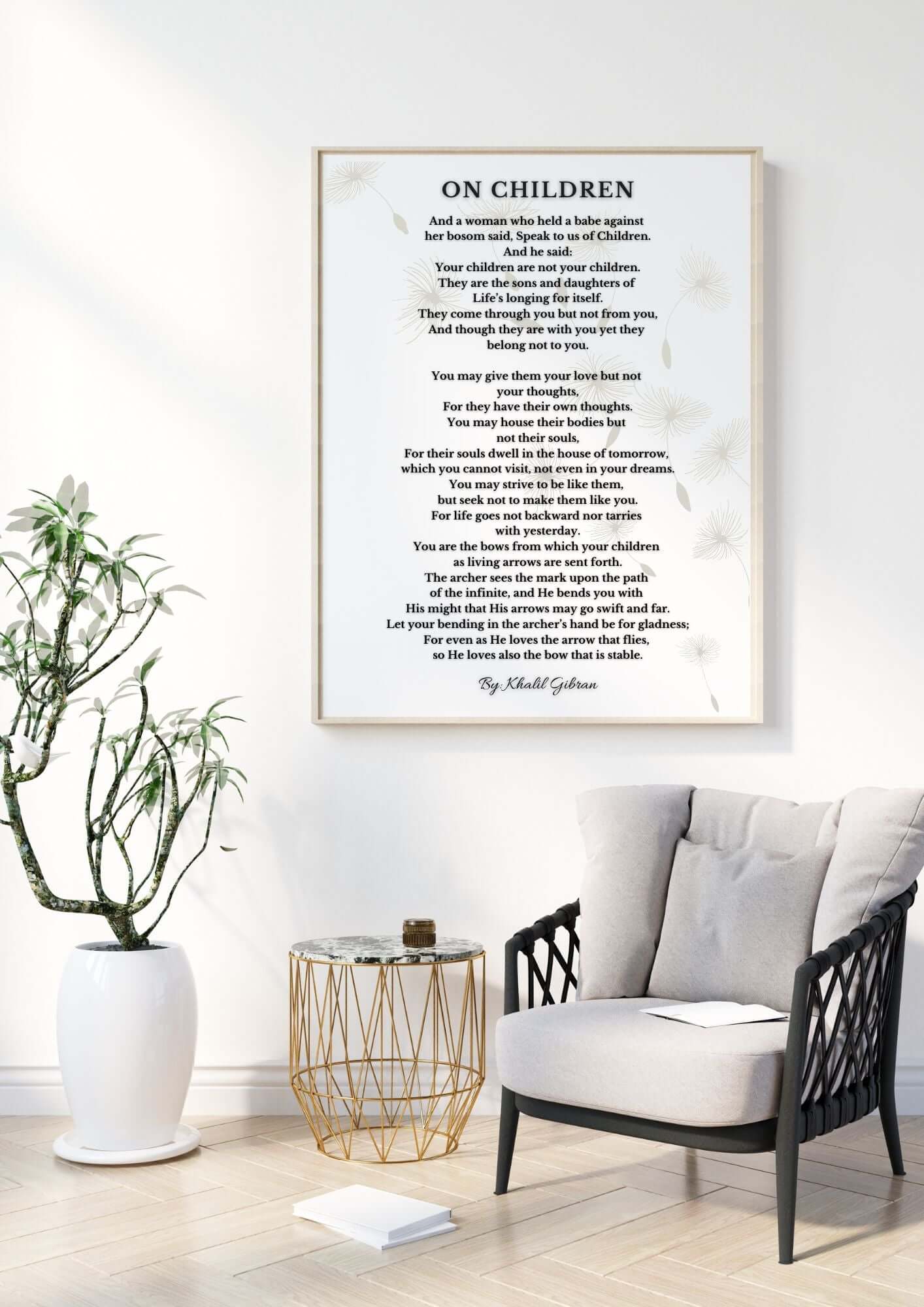 On Children - Khalil Gibran Poem Print | Parenting Wisdom Wall Art | Inspirational Literary Quote displayed in elegant living room setting